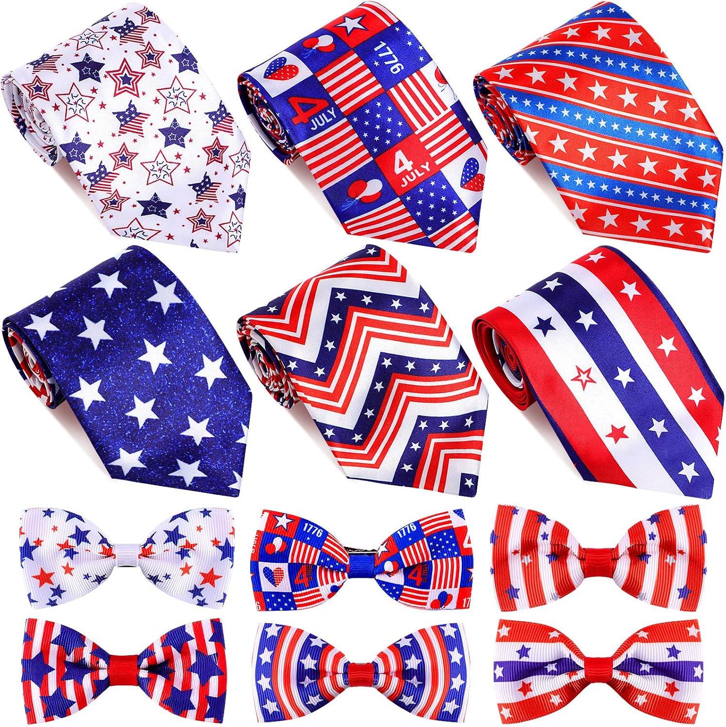 SATINIOR 12 Pieces 4th of July Tie Set for Men 250th Patriotic Neckties Clip-on Bow Ties American Flag Independence Day Accessories for Party Office Celebration
