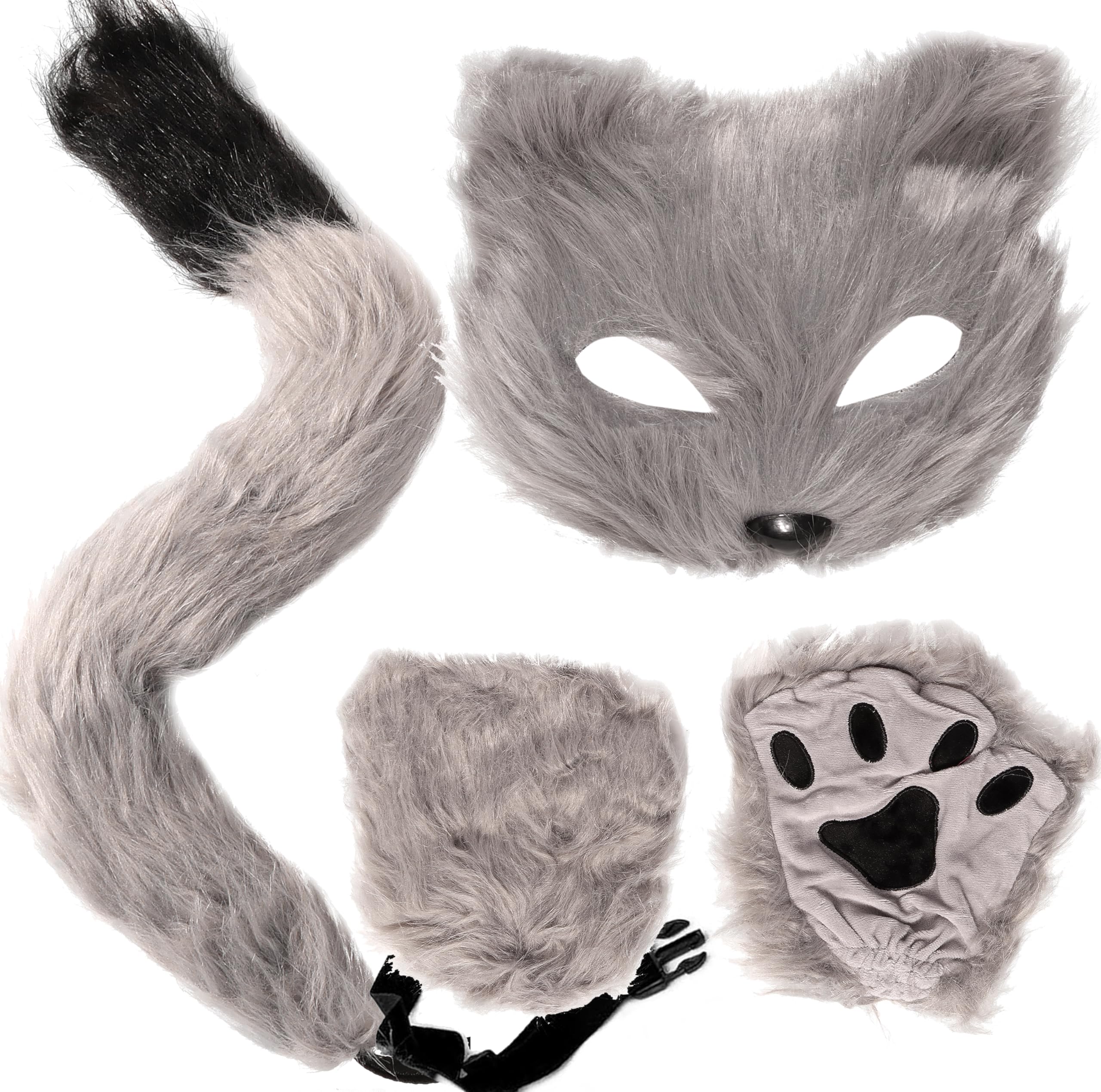 Ensemble Queue De Renard Fausse Fourrure + Masque Chat Loup + Gants Pattes - Cosplay Halloween Femme