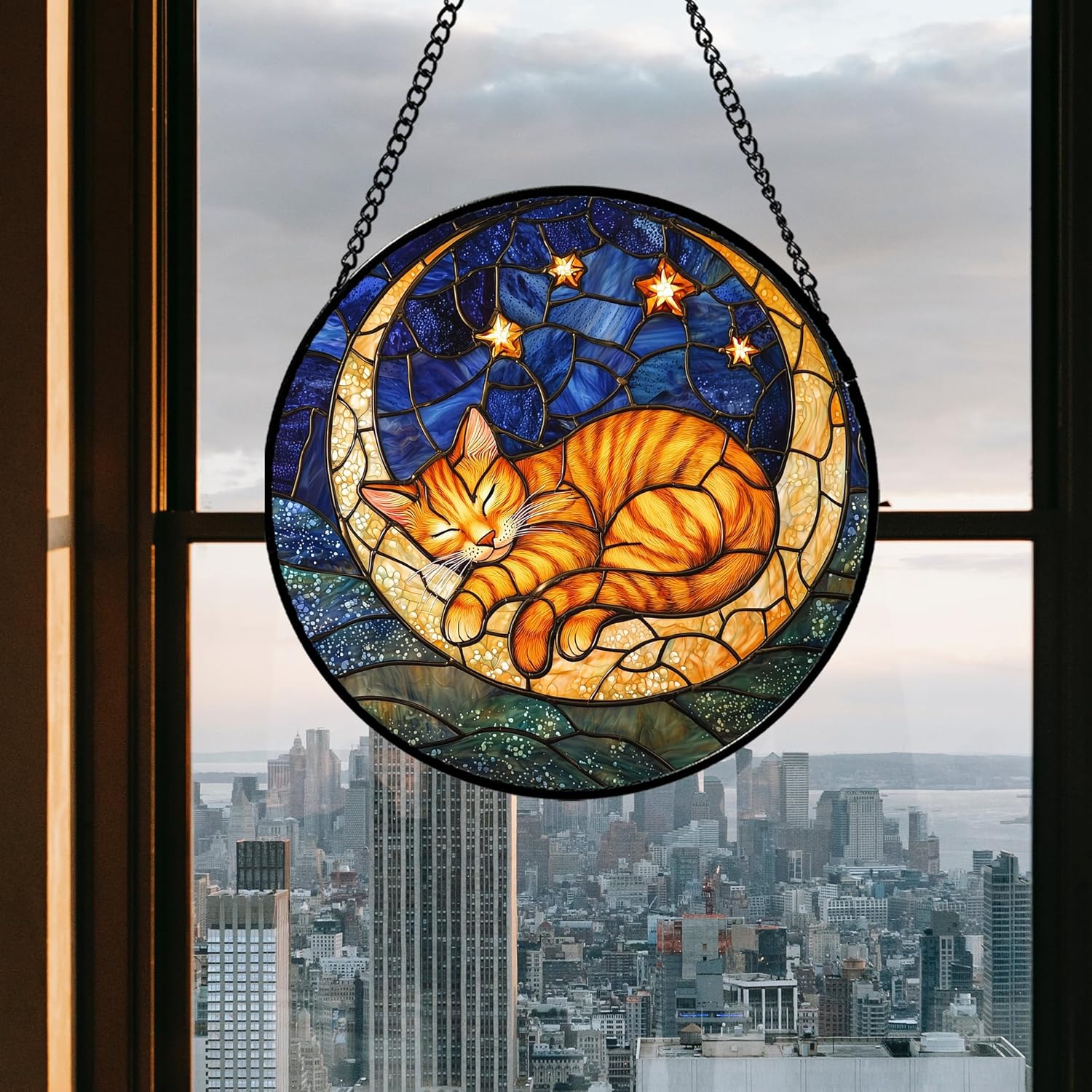 Stained Glass Window Hanging - Orange Moon Sleeping Cat Sun Catcher for Door Home Decor Blue Starry Sky Suncatcher Christmas Mother's Day Birthday Gifts for Women Men Mom Nana 7.8 in - Image 4