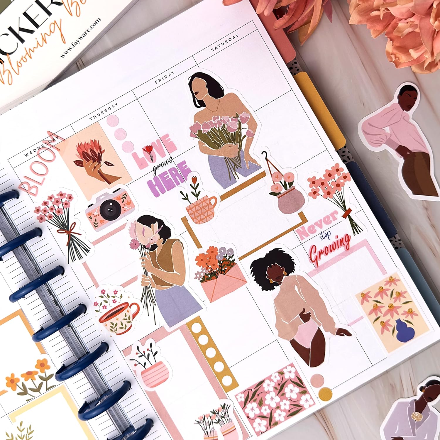 FAYWARE Crafting Stickers Bundle - Vintage and Boho Aesthetic Stickers for Journaling, Scrapbooking, Planners, and DIY Crafts - with 318 Diverse Women, Flowers, Quotes, and 414 Vintage Washi Tapes