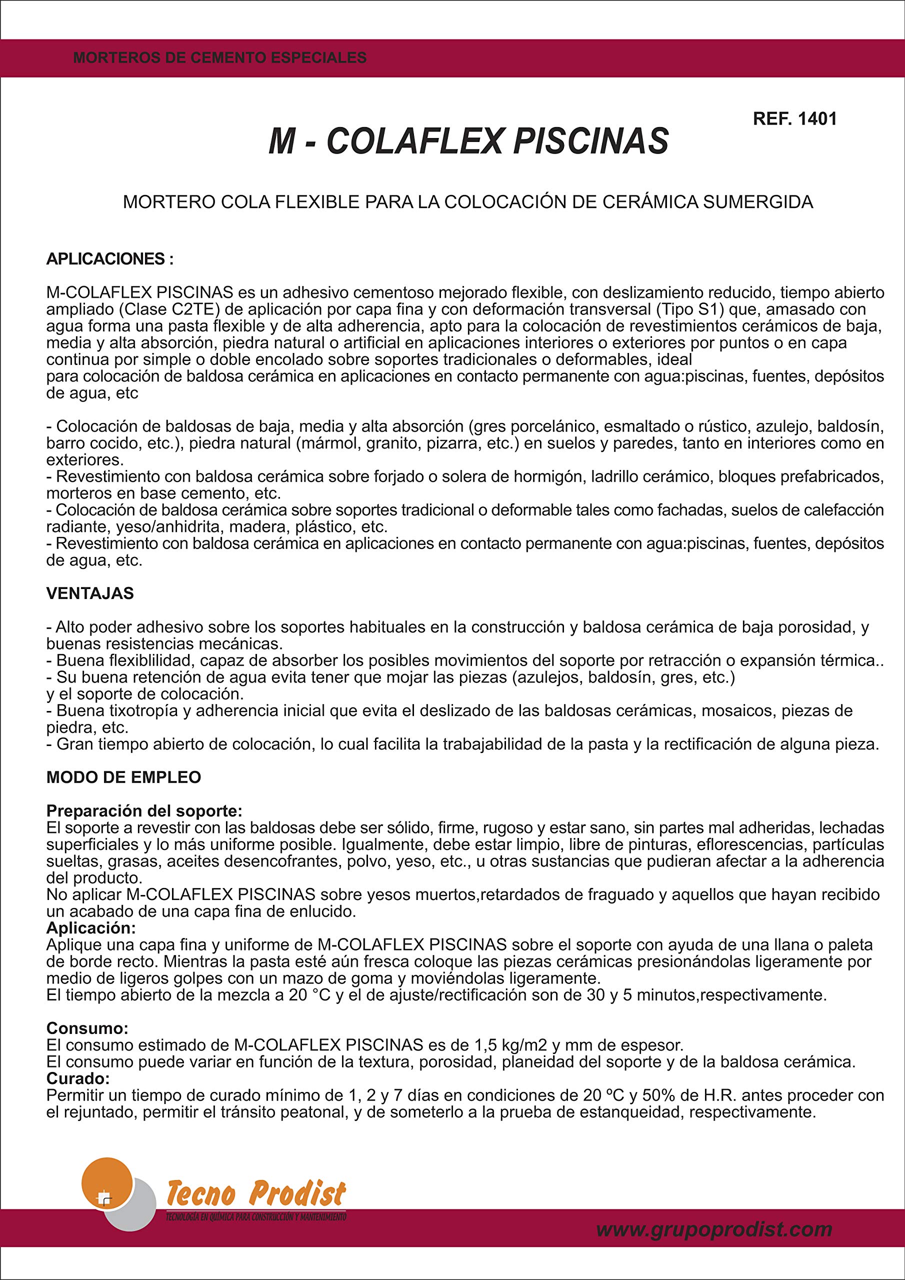 M-COLAFLEX PISCINAS de Tecno Prodist (2,5 Kg) Adhesivo cementoso mejorado flexible ideal para la colocación de baldosas en contacto permanente con agua como piscinas, depósitos agua, etc (Blanco)