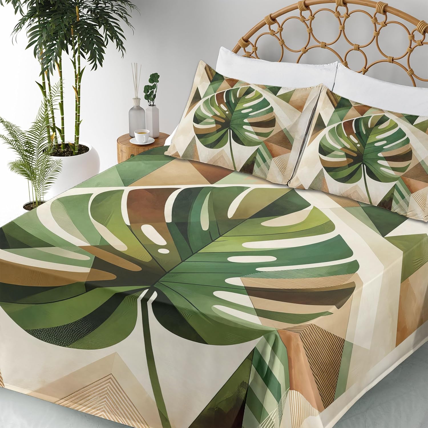 Ambesonne Monstera Sheet Set, Abstract Leaf Boho Scandinavian Tropical Illustration of Nature, Fitted and Flat Sheet with Pillowcases Bedding Accent 4 Piece Set, Queen, Fern Green Sepia and Cocoa