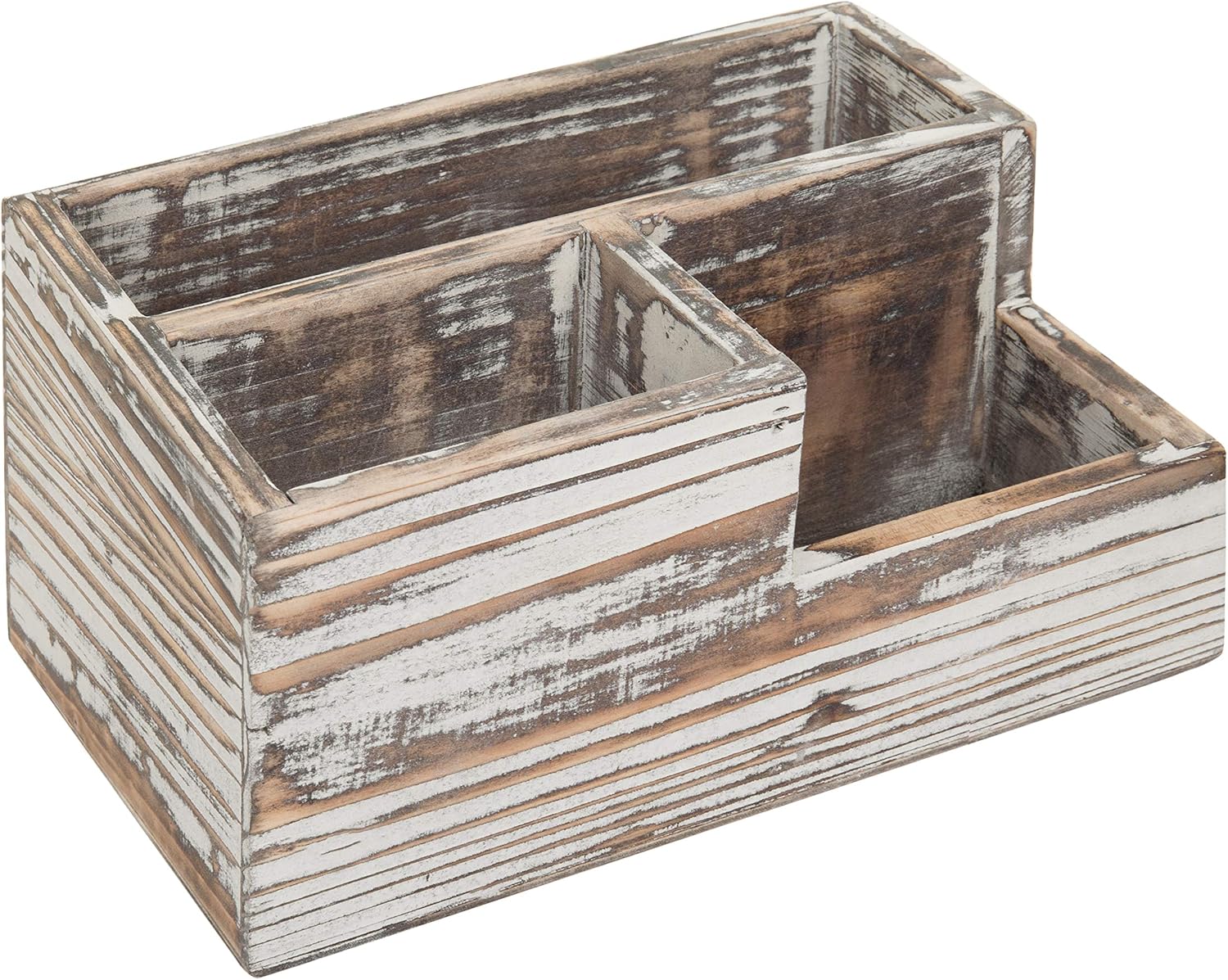 MyGift Rustic Torched Wood Desktop Office Stationery Organizer Tray with 3 Compartment, Multipuprose Caddy Remote Control and Media Storage Holder