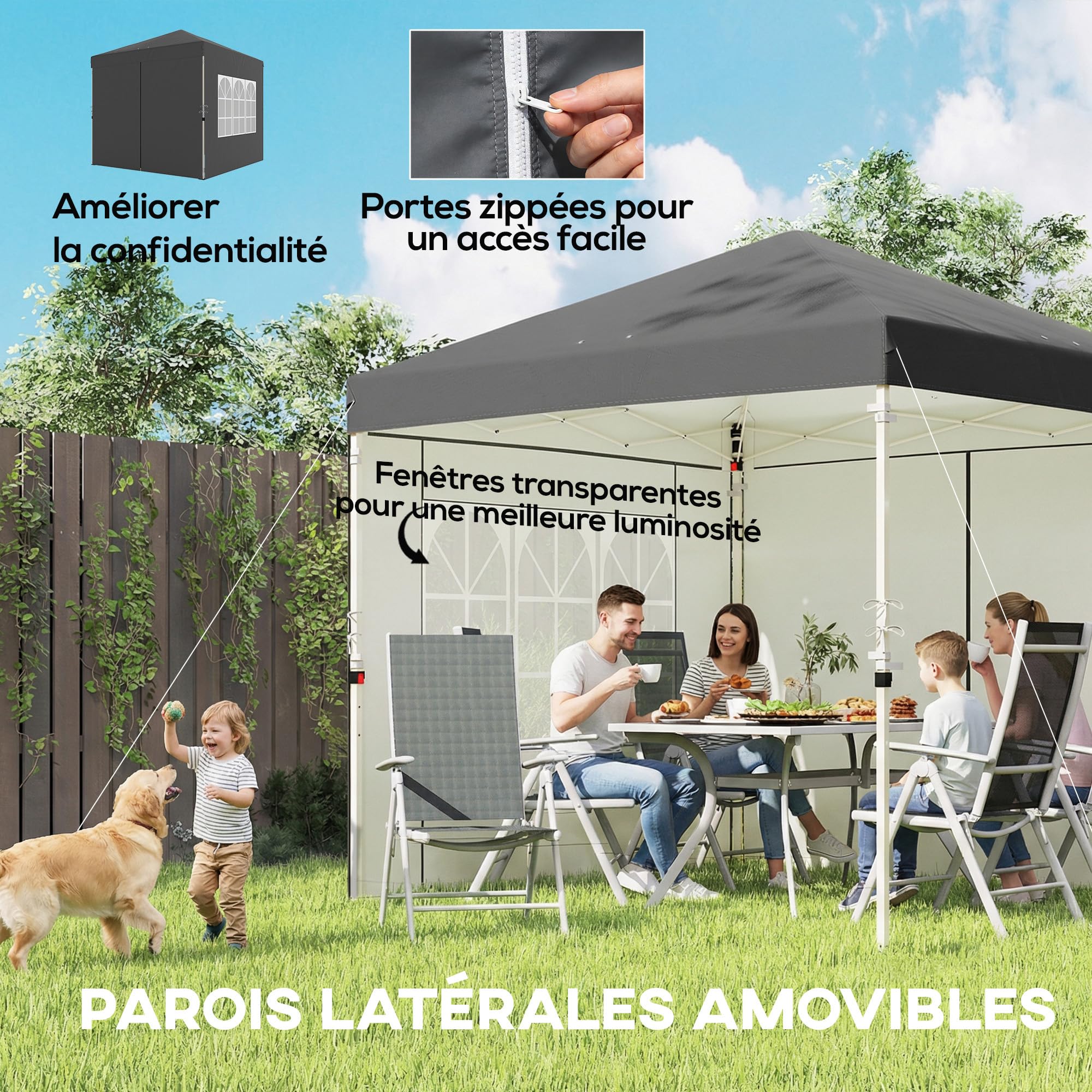 Outsunny Tonnelle de Jardin 2,5 x 2,5 m Pop up Tente Pliante réglable en Hauteur Protection UV50+ tonnelle Pliante avec 4 parois latérales Sac de Transport Montage Facile Gris foncé
