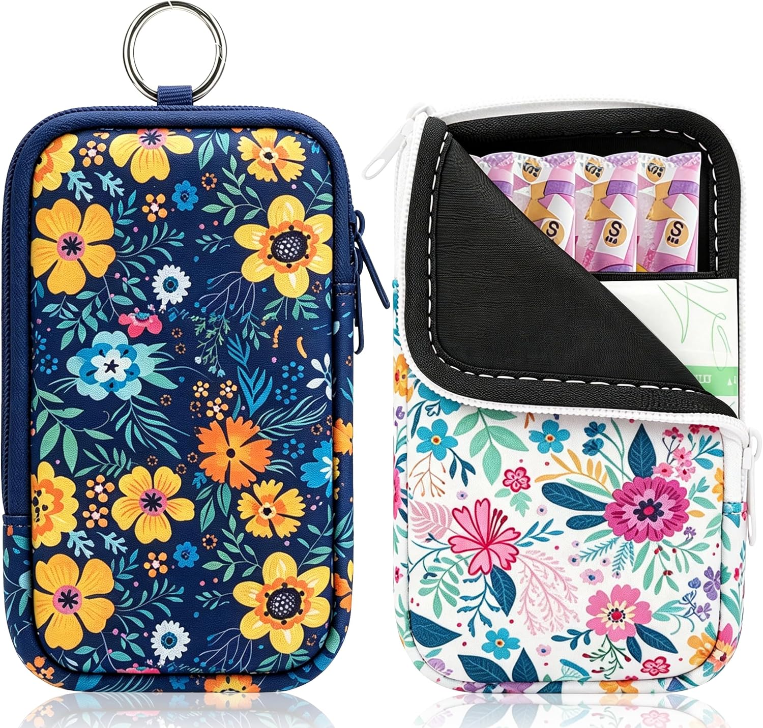 KJQJLY 2 Pack Portable Tampon Organizer Bag Tampon Holder & Storage Case with Zipper for Travel, Discreet Period Bag for Purse, Waterproof Feminine Products Pouch for Women (Flower 2)