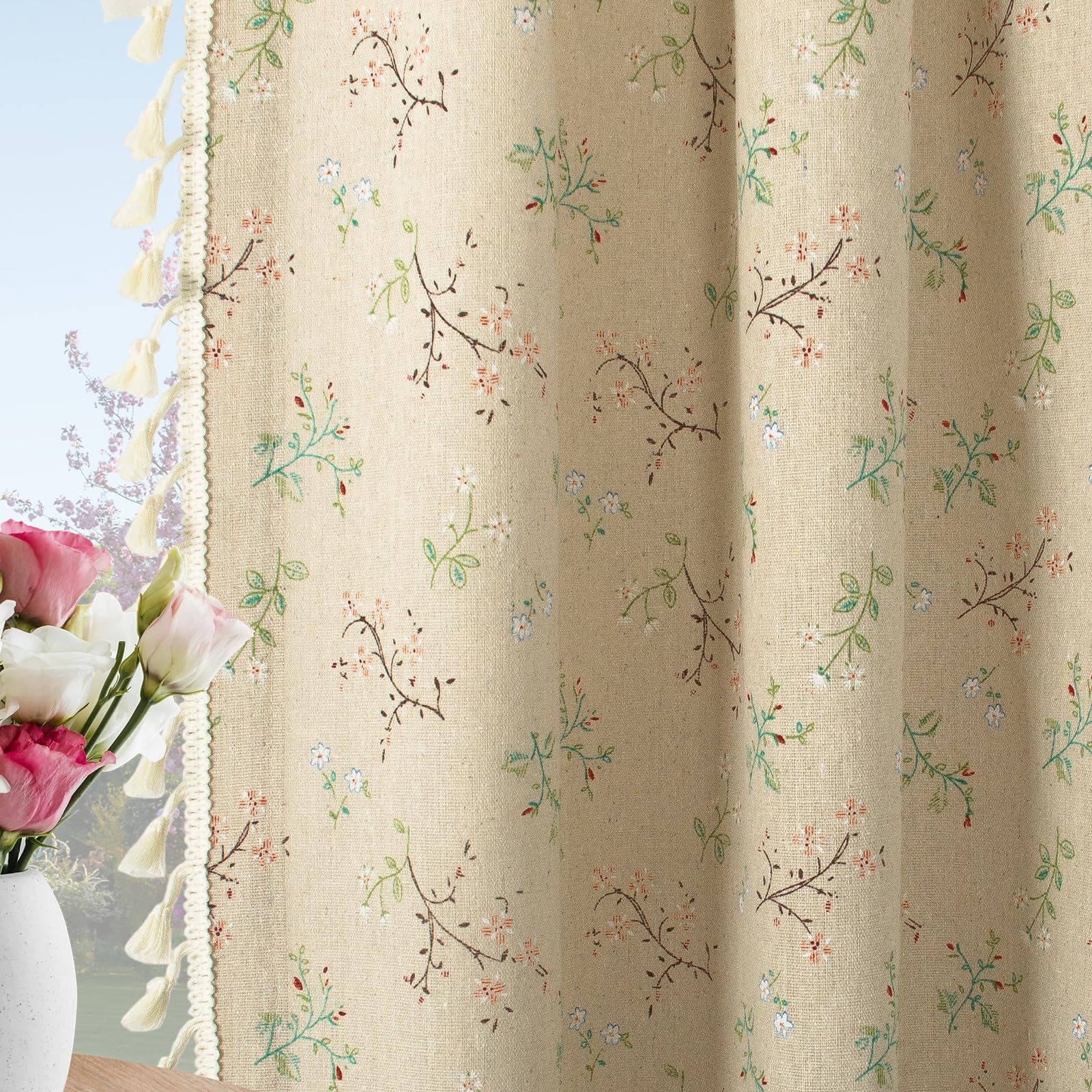 Linen Bohemian Curtains for Living Room 96 Inch Curtains 2 Panel Set Rod Pocket Farmhouse Bedroom Floral Patterned Curtains with Tassel