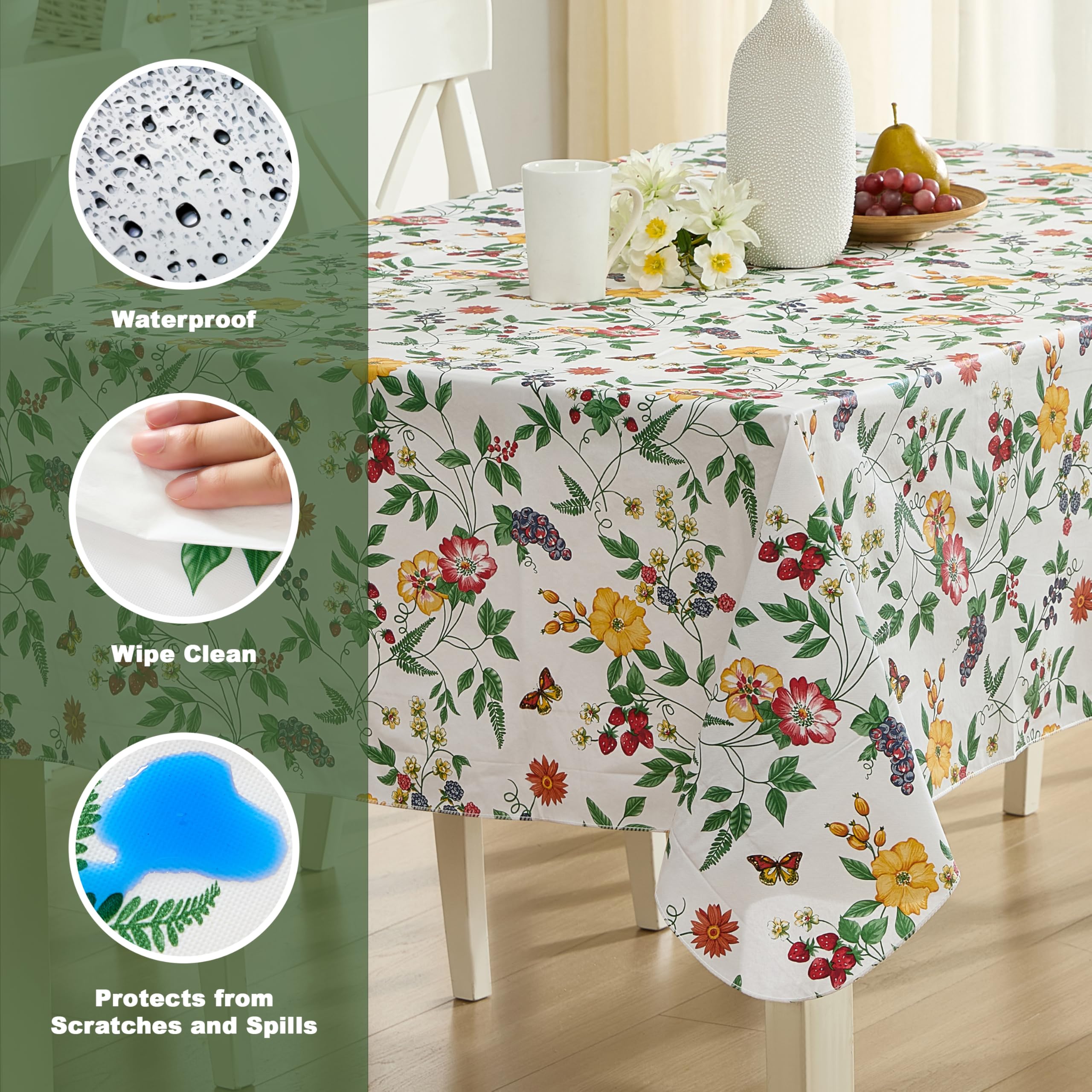 English Berry Garden Heavy 4 Gauge Vinyl Flanell Rückseite Tischdecke Erdbeere Garten Floral Indoor/Outdoor abwischbar Picknick Küche Esszimmer Tischdecke – 152,4 x 264,2 cm länglich/rechteckig