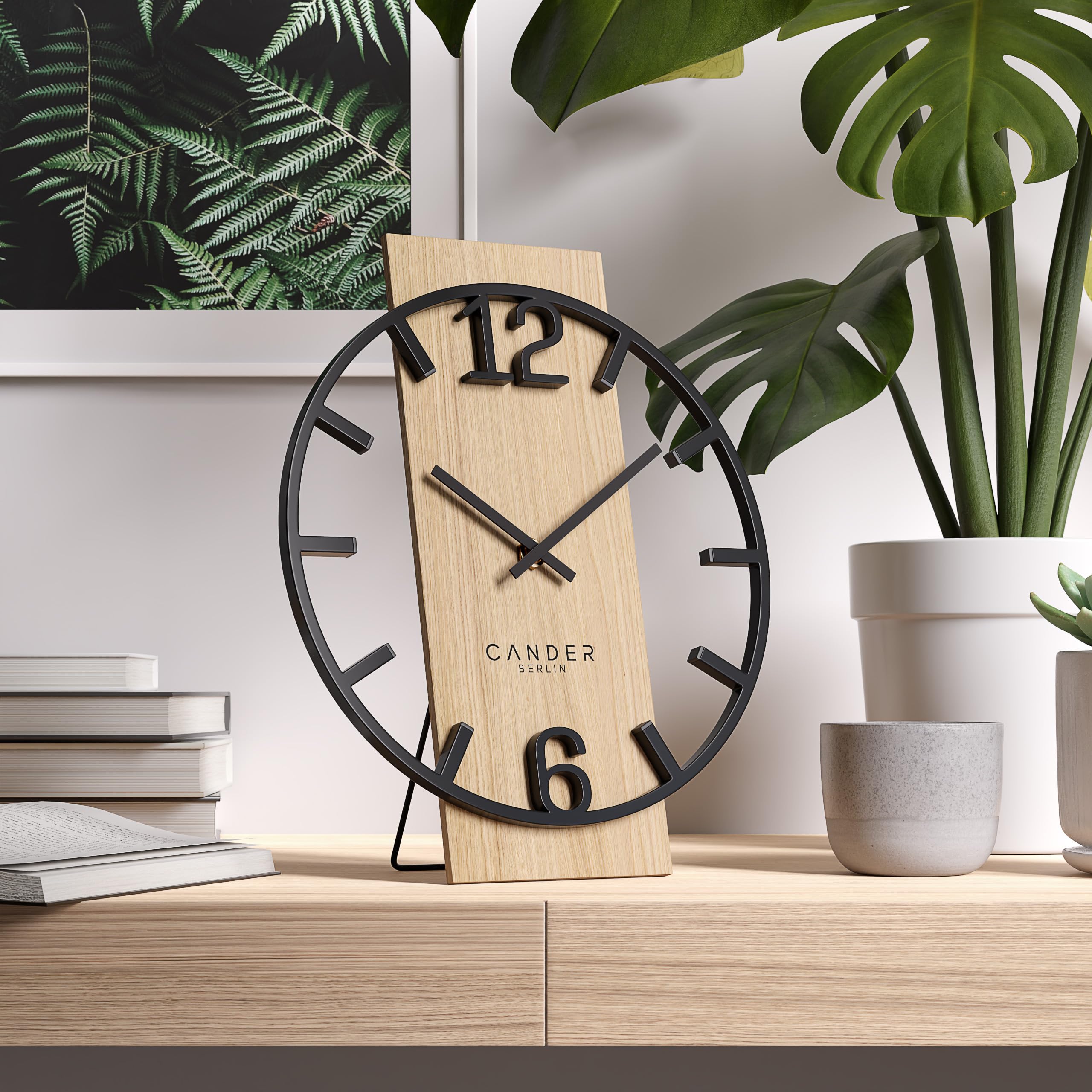 Cander Berlin Melora Reloj de mesa silencioso de 20 cm, metal, manecillas de madera, sin ruido de tictac, moderno, negro, salón, cocina, vintage
