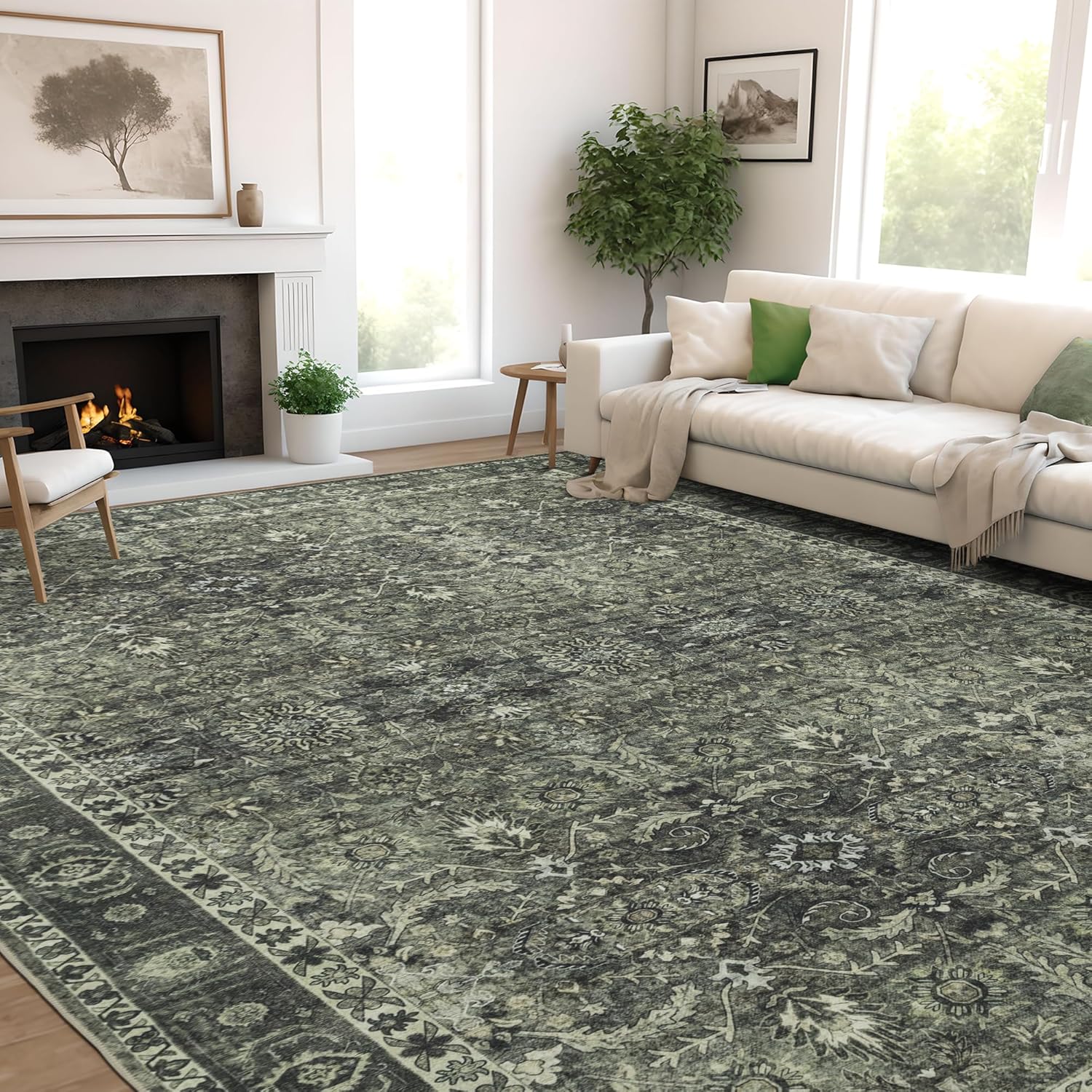 8x10 Vintage Washable Area Rug for Living Room,Low Pile Non Slip Carpet Non-Shedding Large Area Rug Soft Indoor Stain Resistant Rug Floral Print Mat for Bedroom Dining Room Green Floral - Image 3