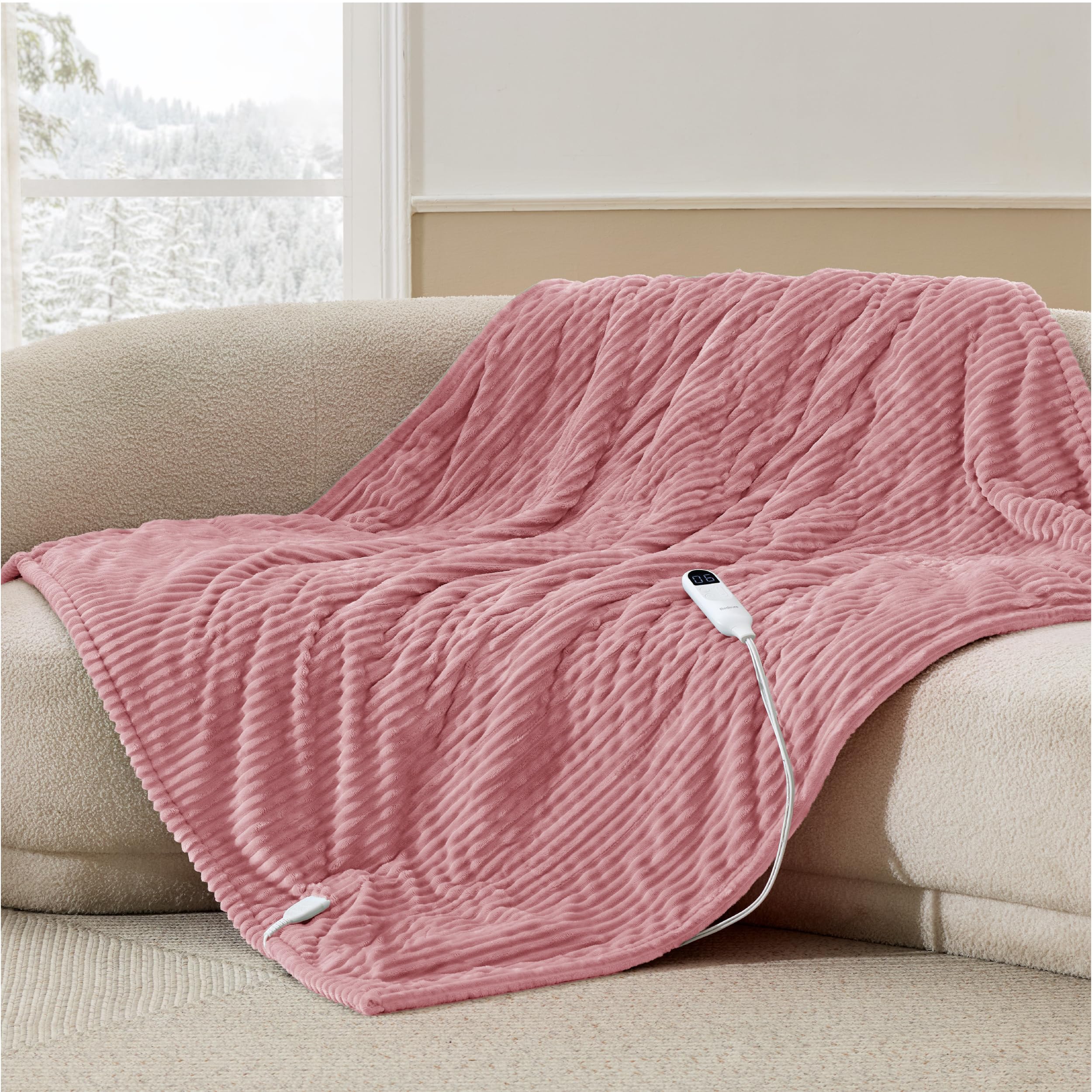 Bedsure Ribbed Heated Blanket Throw, Pink Electric Blanket, Preheat