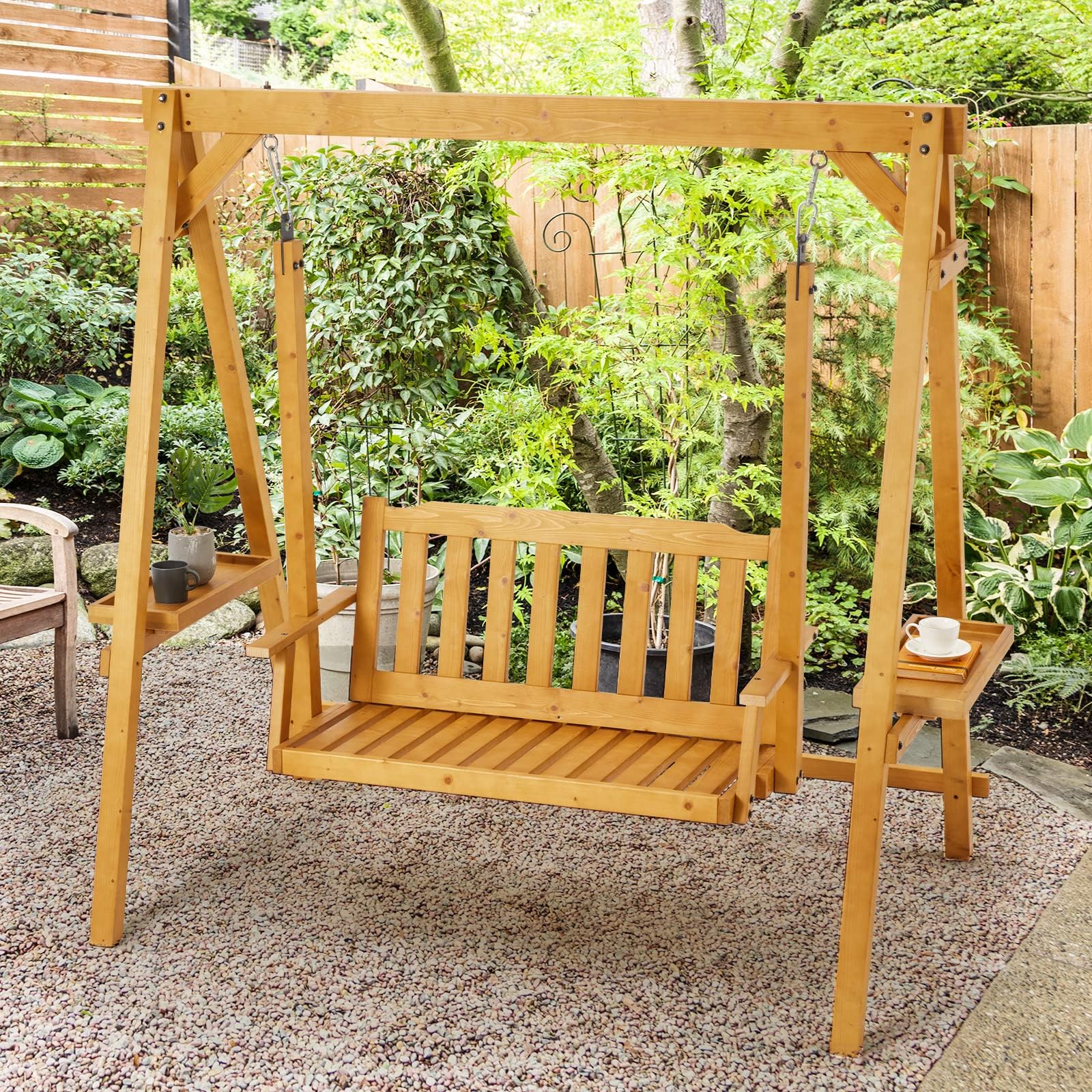 Wooden Porch Swing, YOLENY Outdoor Swings for Adults, 2 Person A-Frame Porch Swing with Stand, Armrests, 2 Side Utility Trays, Outside Bench Swings for Garden, Backyard, Deck