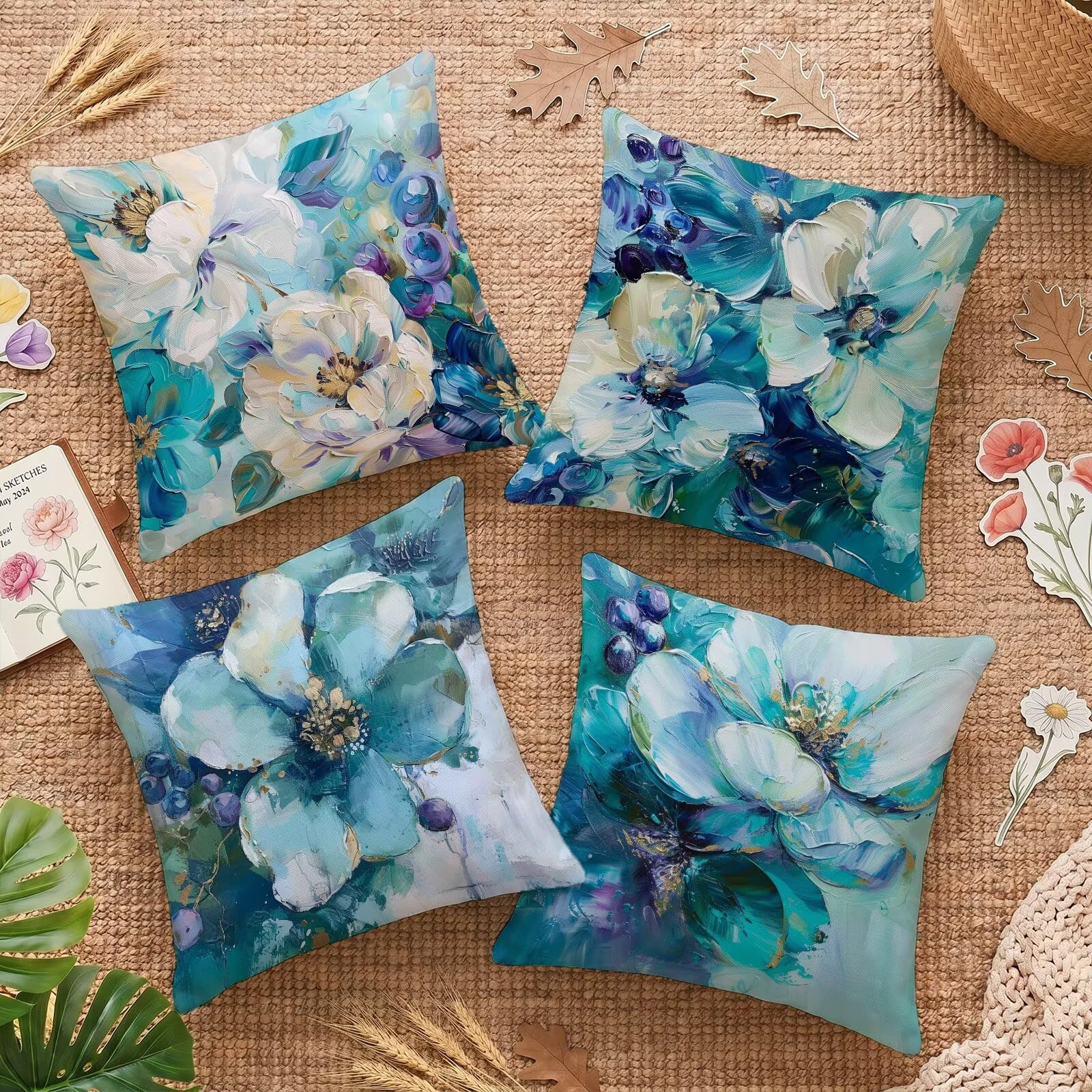 Housse coussin canapé pour salon de jardin patio lot de 4 pièces fleur