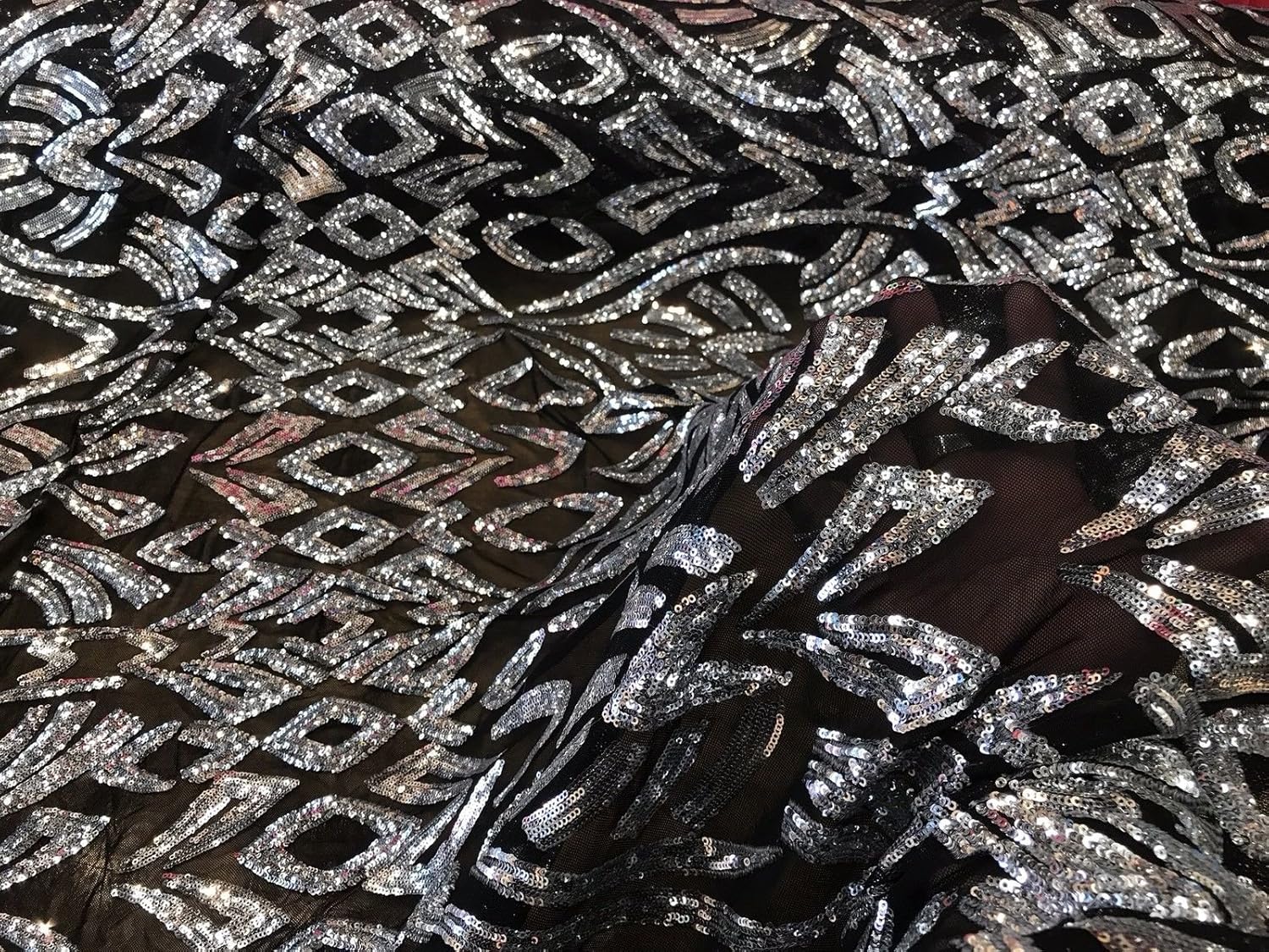 BLACK-SILVER GEOMETRIC DESIGN EMBROIDERY SEQUINS ON A 4 WAY STRETCH MESH-BY YARD