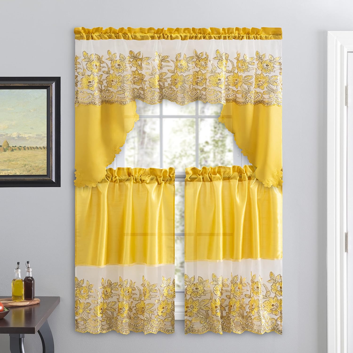 American Linen 3 Piece Embroidered Window Curtain Set