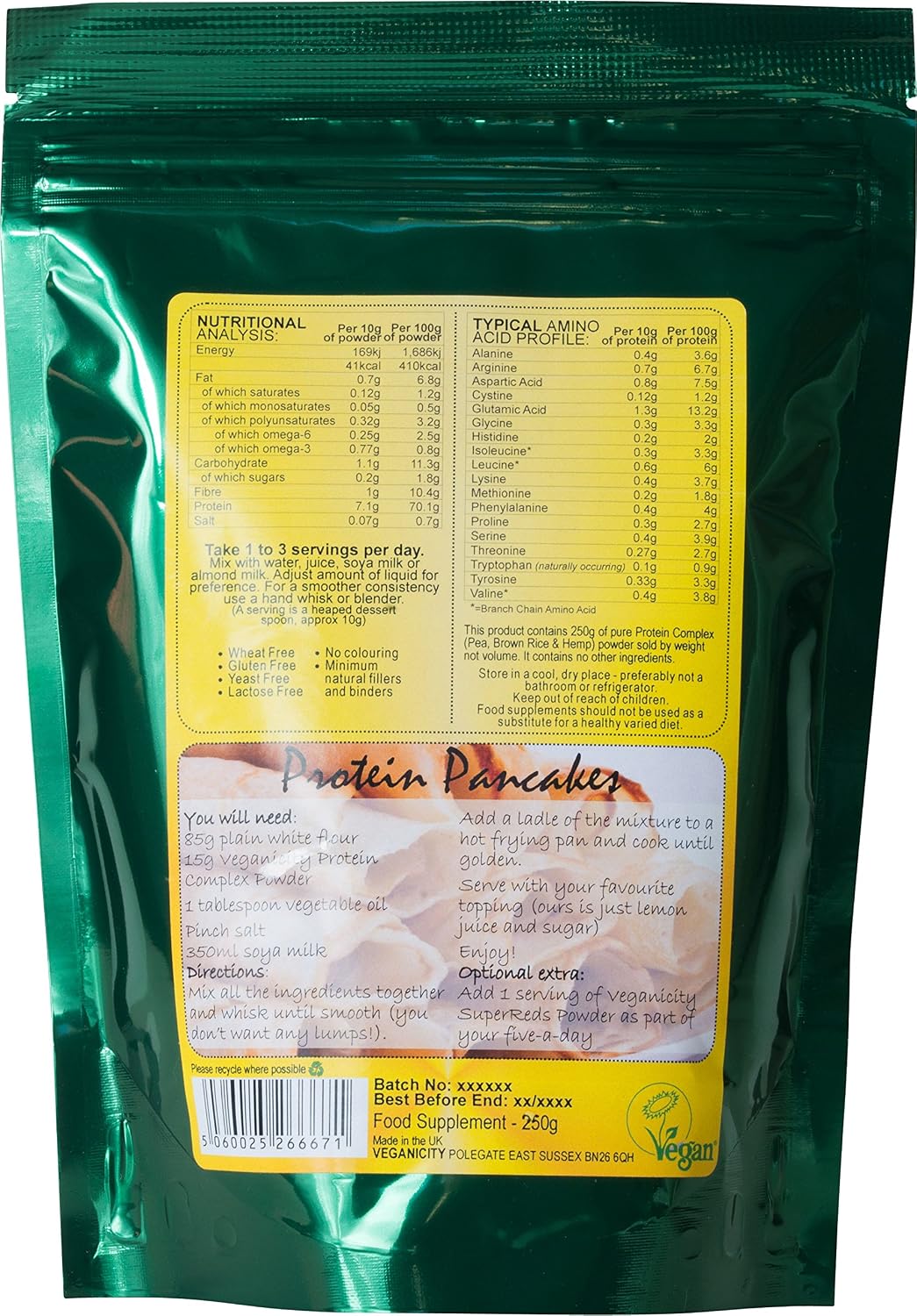 Veganicity Protein Complex Powder : Natural and Unflavoured 70% Vegan Protein Combination : 250g, in a Recyclable Pouch - Image 3