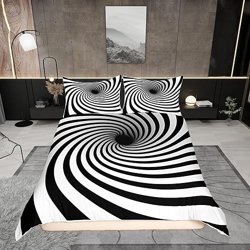Funda de edredón de rayas blancas y negras, tamaño Queen, funda de edredón de abstracción visual con 2 fundas de almohada para adolescentes y
