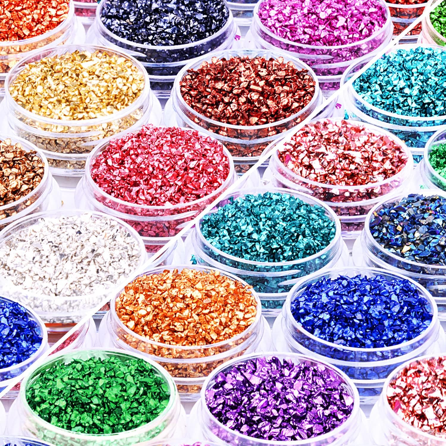 24 Box Crushed Glass Craft Glitter Fine for Resin Art, Small Broken Glass Pieces Irregular Metallic Crystal Chips Chunky Flakes Sequins for Nail Arts DIY Vase Filler Epoxy Jewelry Making Decoration