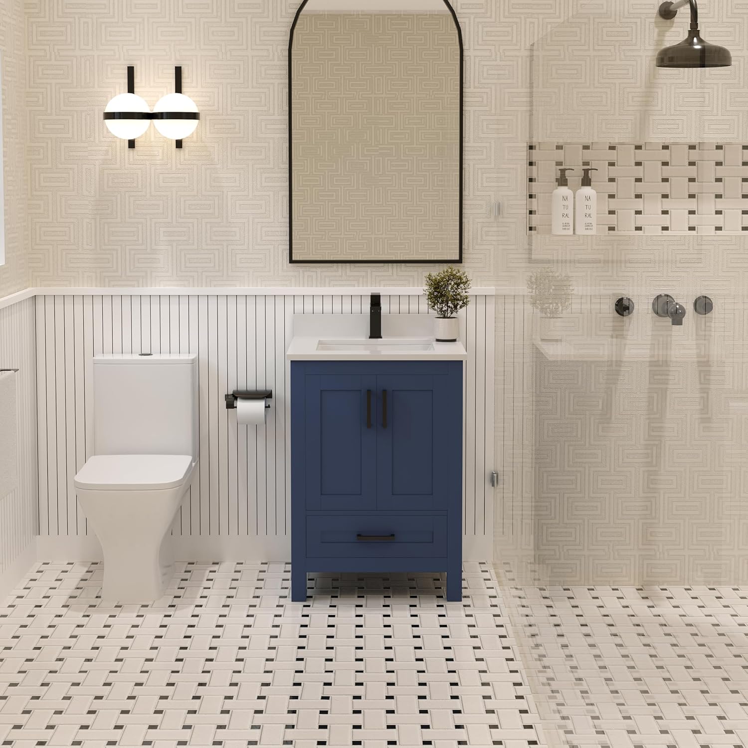 Ayna Decors Rooh 30 in White Single Sink Bathroom Vanity with White Quartz Countertop | Ceramic Sink | 2 Soft Closing Doors | 1 Full Extention Soft Close Drawer | Black Hardware