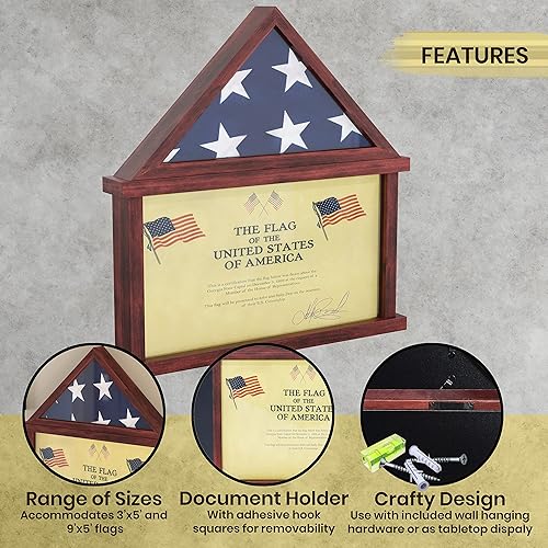 Miniatura 9 de HBCY Creations Vitrina de bandera para bandera para veteranos estadounidenses de 5 x 9.5 pies, marco de madera clara envejecida sólida con frente de