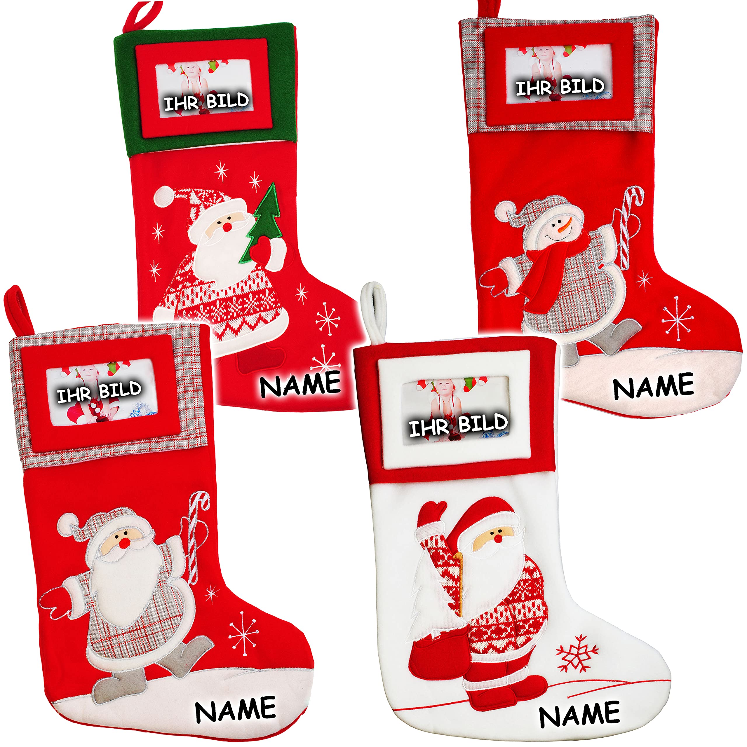 alles-meine.de GmbH 4 Stück 3-D Effekt XL - Weihnachtssocken & Filzstrümpfe - 3-D Effekt - mit austauschbaren Foto - Weihnachtsmotive - 46 cm - Nikolausstiefel - Nikolaus..