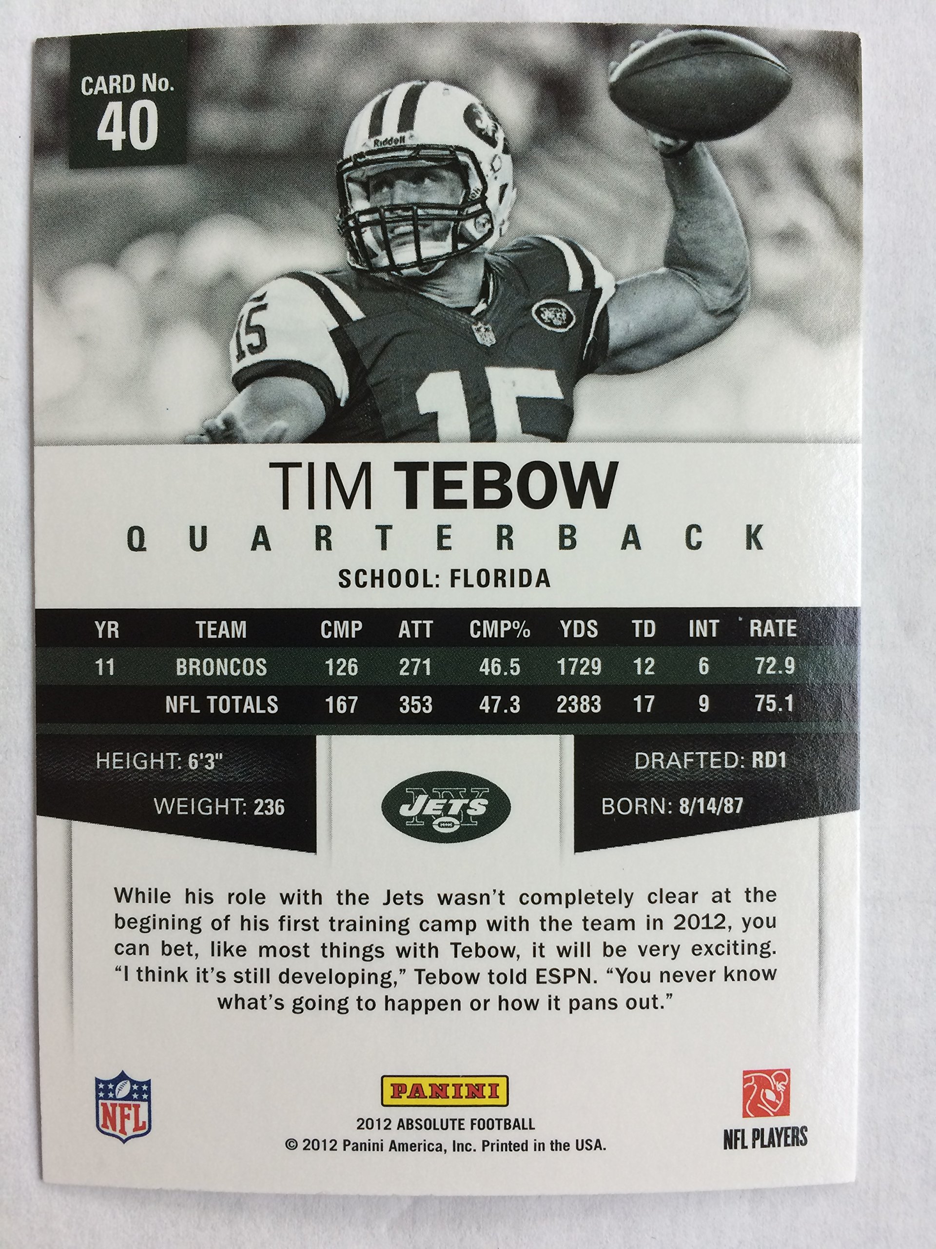 Amazon.com: 2012 Panini Absolute Football #40 Tim Tebow NM/M (Near  Mint/Mint) : Collectibles & Fine Art