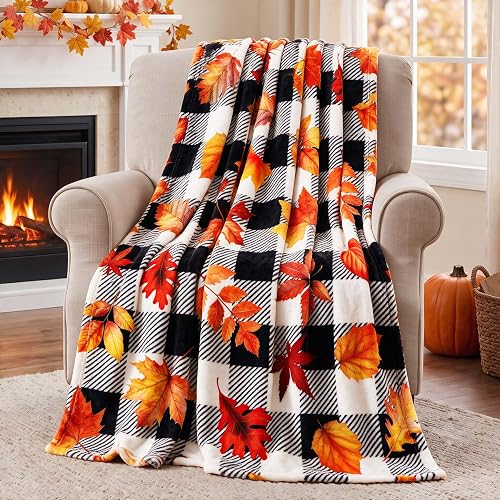 Fall Throw Blanket Pumpkin Leaves Plaid Flannel Blanket for Couch