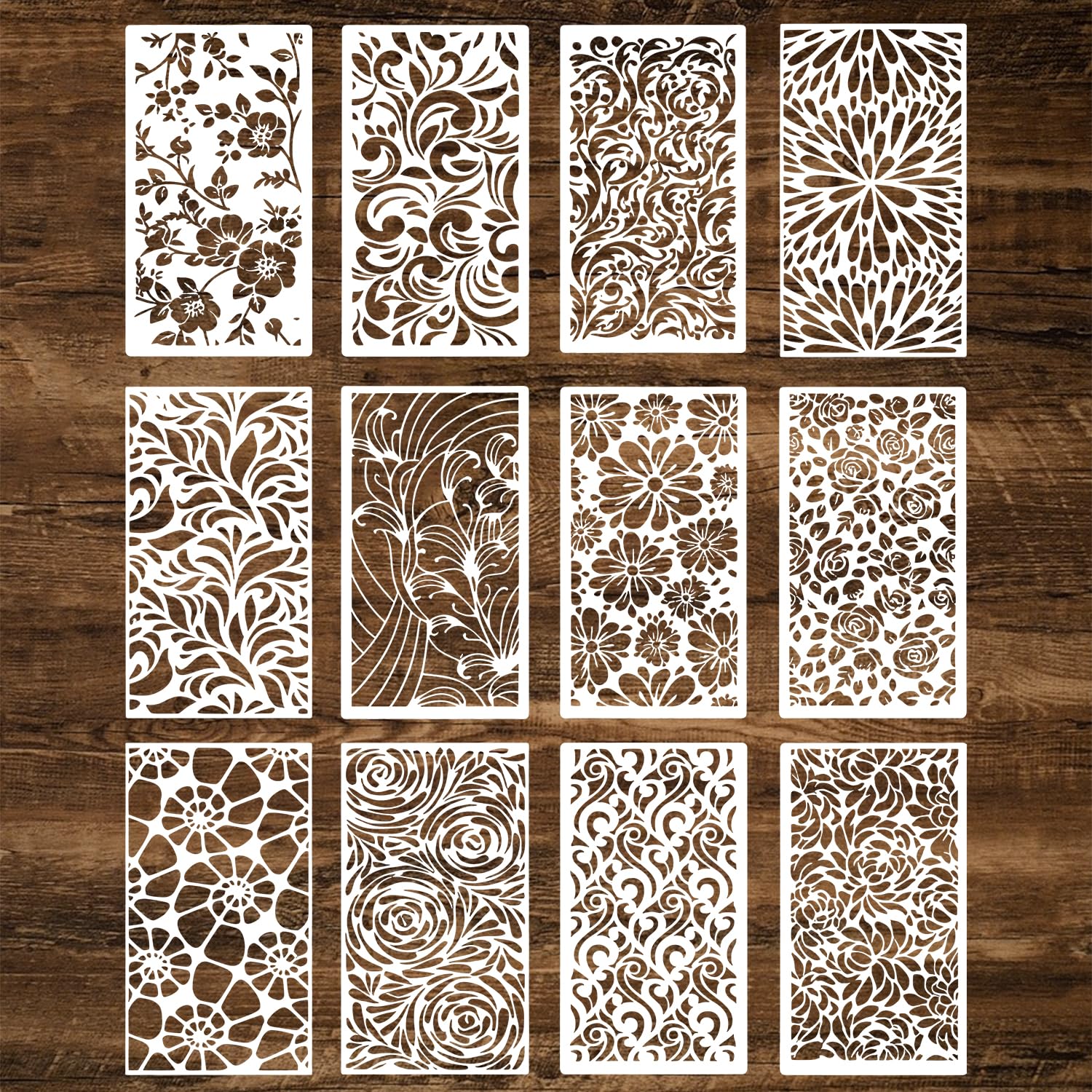 12 Pcs Flower Texture Stencil Set for Painting, Reusable Natural Drawing Templates for DIY Crafts, Scrapbook, Card Making & Wall Decor