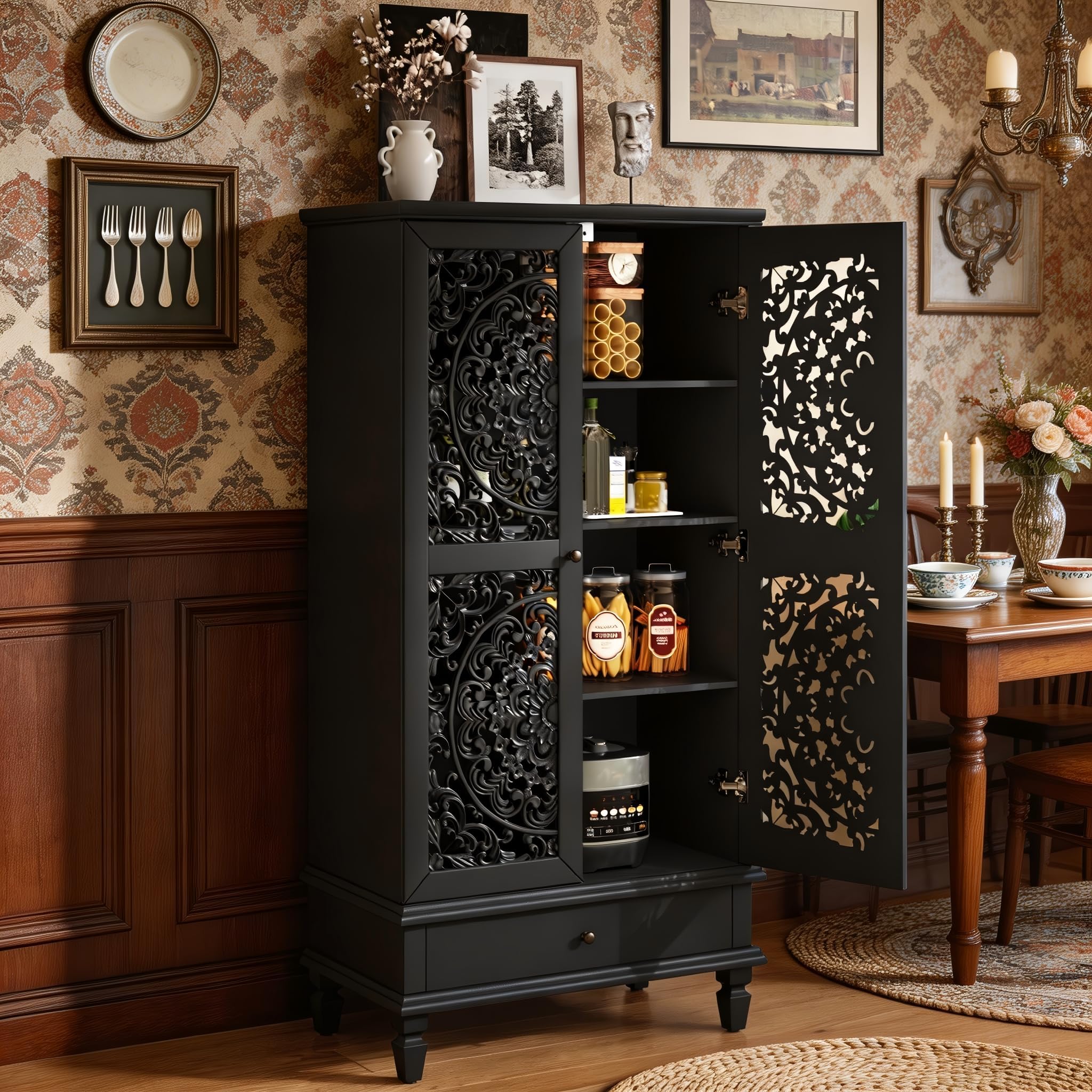 55" Tall Accent Cabinet with Carved Doors, Farmhouse Sideboard Buffet with Drawer and Solid Wood Legs, Wood Storage Cabinet for Living Room Hallway Dining Room, Black