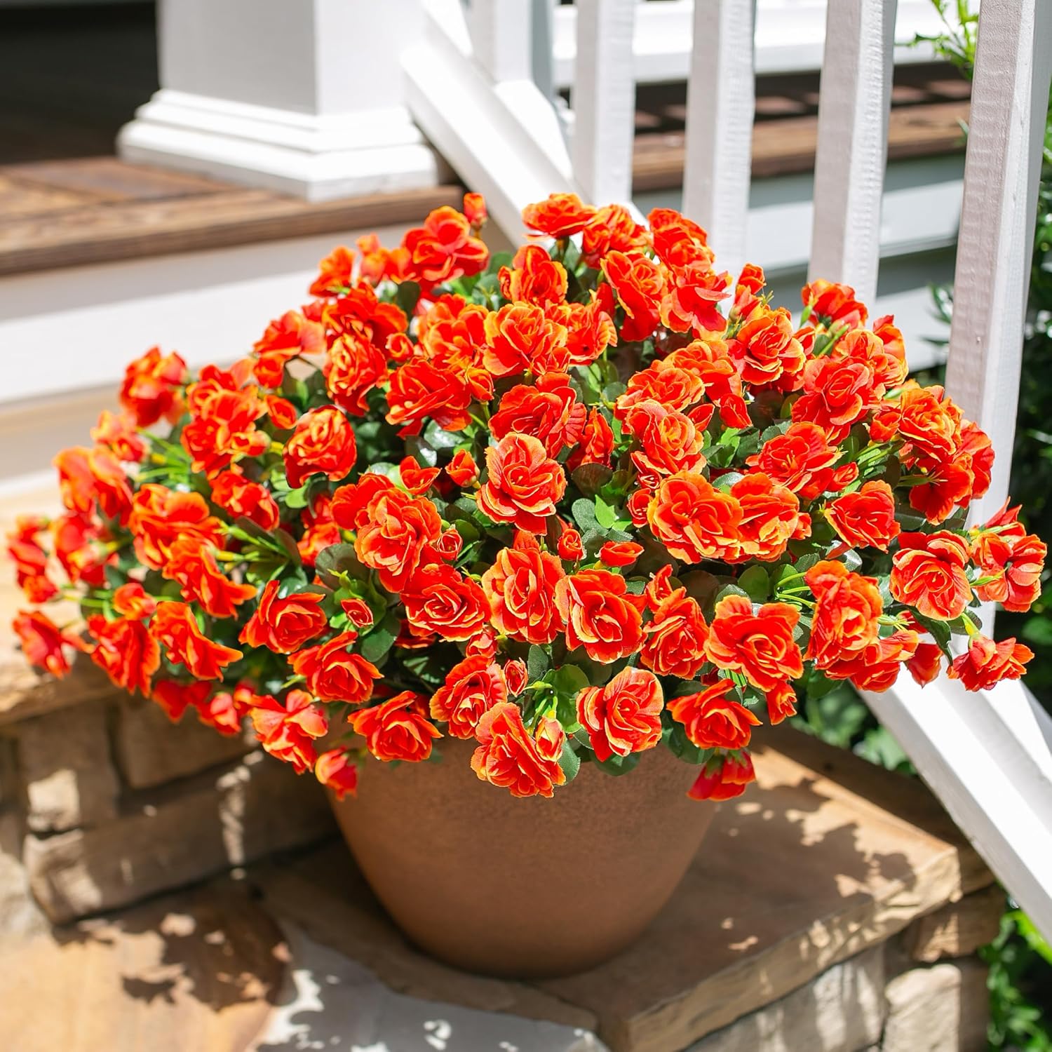 HyeFlora Artificial Faux Outdoor Outside Flowers Plants For Spring Decor, Fake Silk Orange Camellia UV Resistant Look Real for Autumn Planter Front Door Porch Patio Balcony Decoration, 3 Large Bundles - Image 3