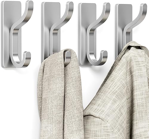 pickpiff Ganchos de pared para abrigo y toalla colgador adhesivo de puerta de 13 libras para baño, dormitorio, RV, armario, plateado, paquete de 4