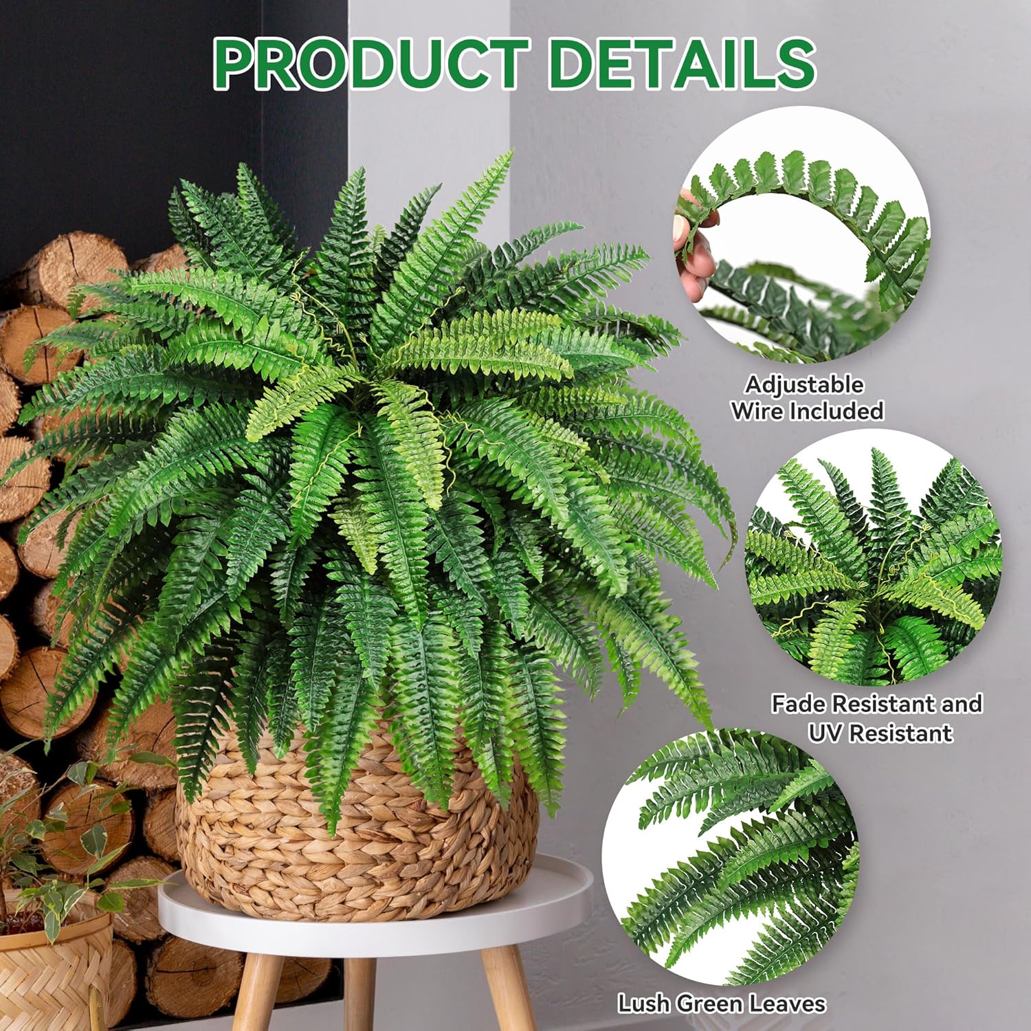 48" Large Artificial Ferns Plants for Outdoors Indoors,UV Resistant 95Branches Faux Boston Fern Bush for Front Porch Decor,Large Hanging Fake Fern Plant Greenery for Entrance Garden Planter Home Decor - Image 4