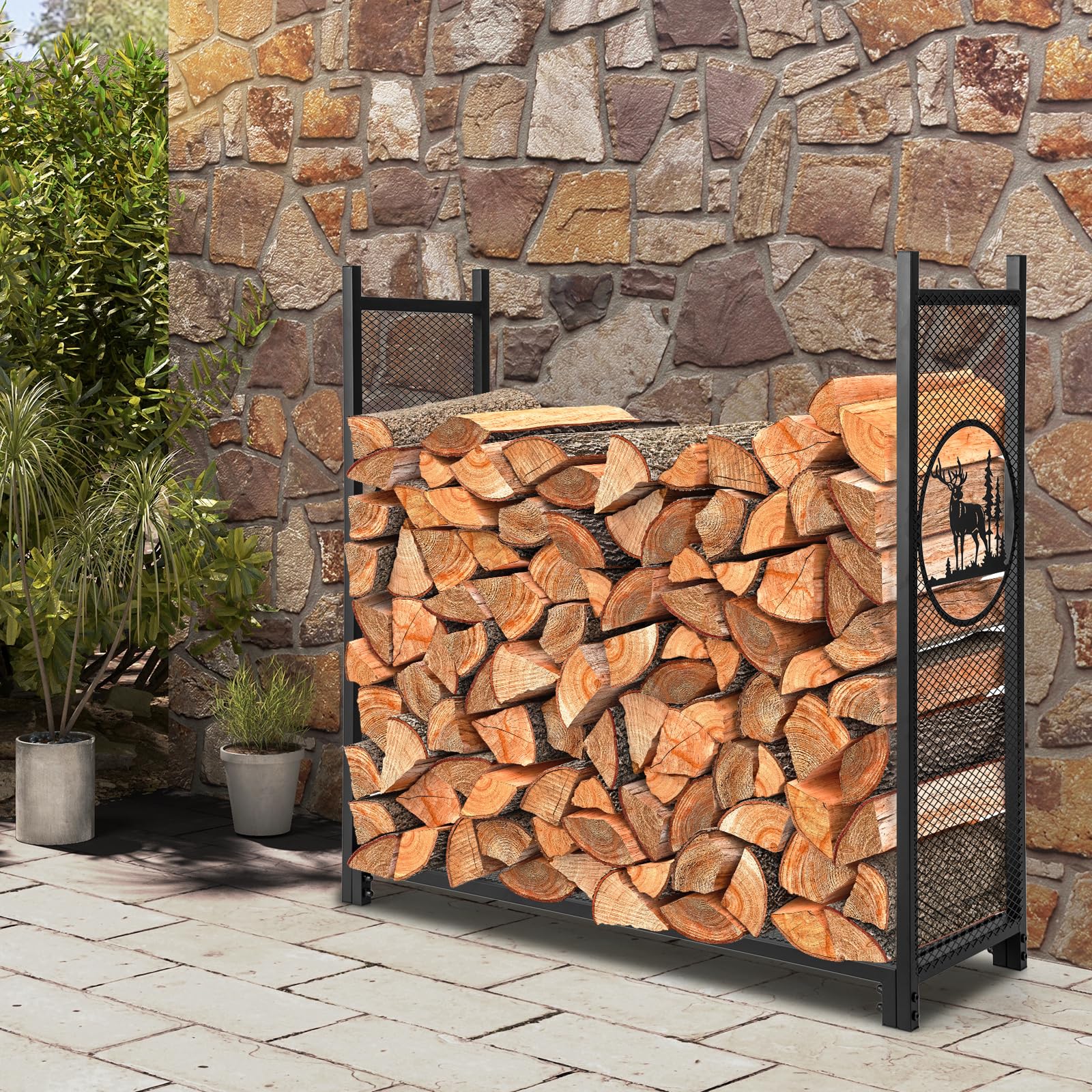 COSTWAY Leñero Exterior/Interior, 121 x 38 x 117 cm, Estante de Leña con Lados de Malla, Base Elevada, Carga de 140kg, Soporte para Almacenar Leña