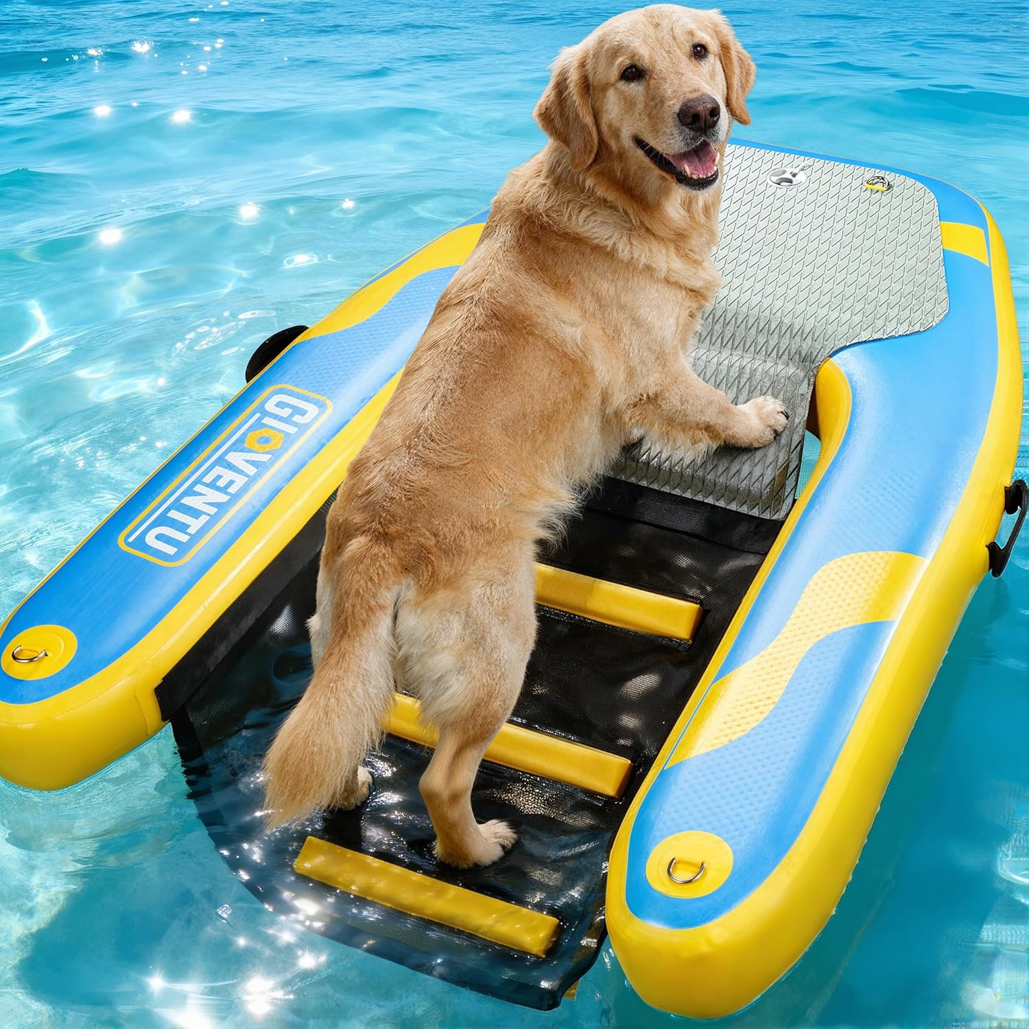 Inflatable Dog Boat Ramp, Heavy-Duty Floating Dog Water Ramp for Large Dogs, 220 LBS Capacity, Stable Drop-Stitch Platform with Submerged Steps, Non-Slip Surface, for Boats, Docks & Pools