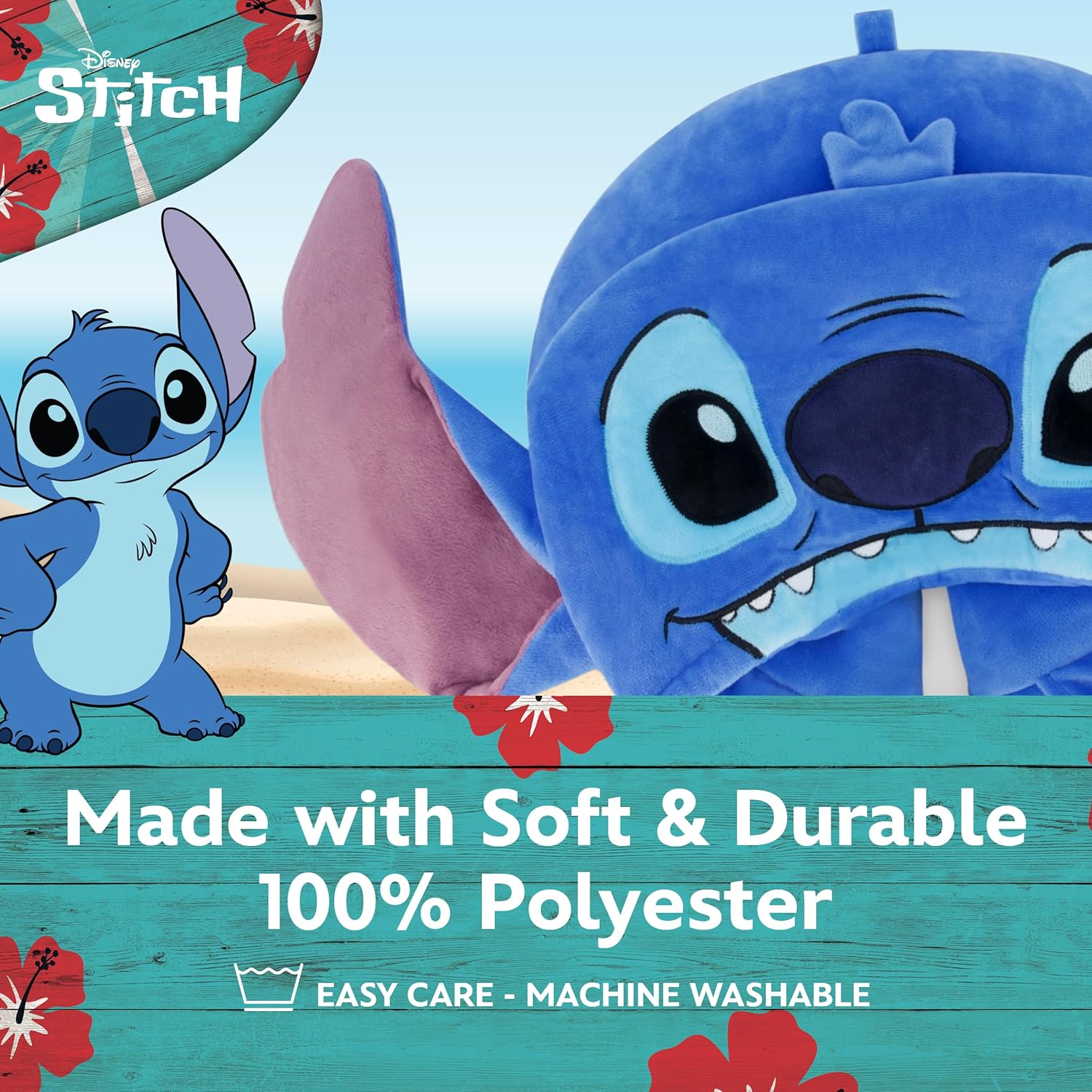 FUL Disney Stitch Hooded Neck Pillow with 3D Ears, Travel Accessories for Airplane, Car and Office, Comfortable and Breathable, Blue