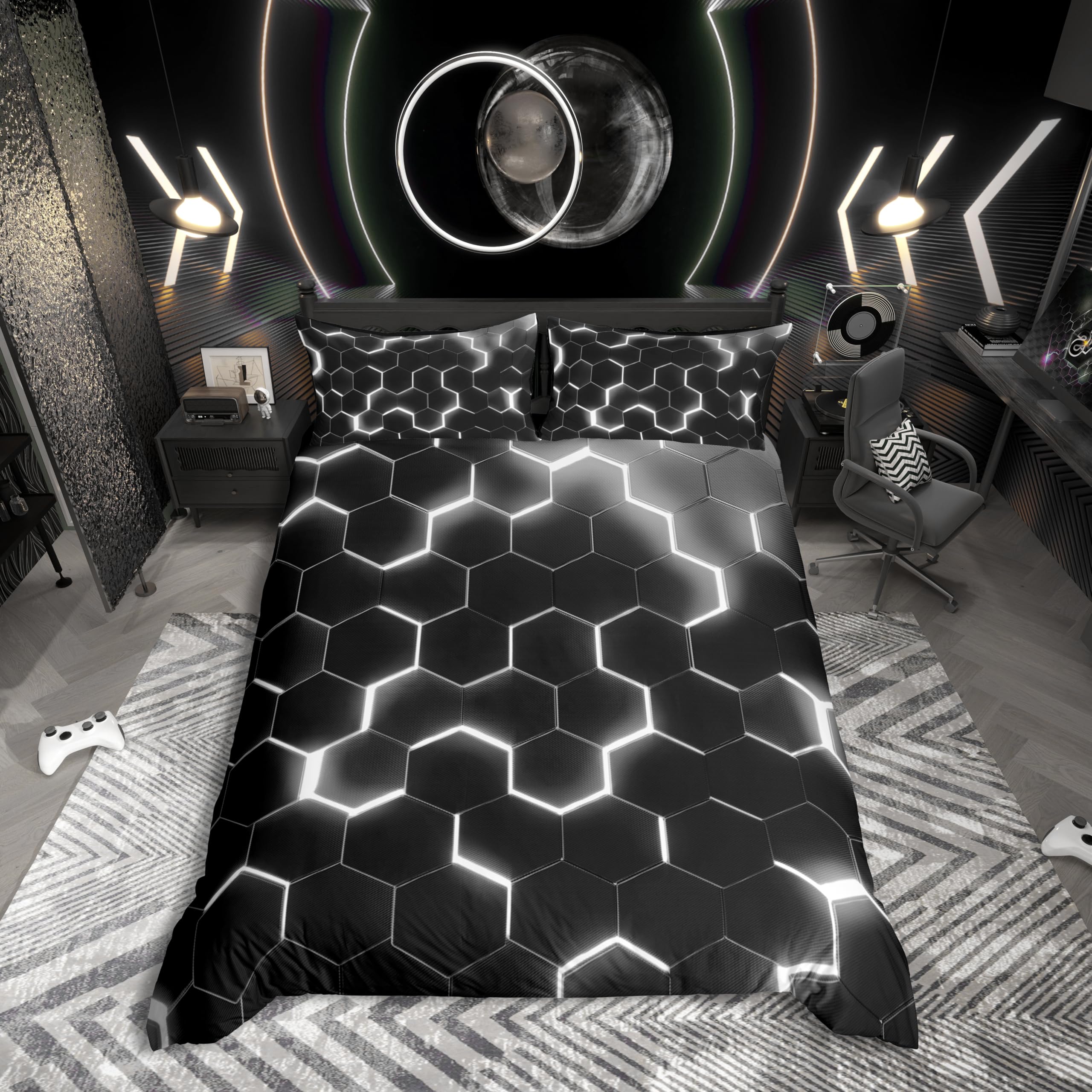 Homewish Jungen Bettbezug Set Mit 1 Kissenbezug Silber Waben Bettwäsche 135x200 für Kinder Teenager Erwachsene,Moderne Geometrische Bettwäscheset Neon Glitzer Sechseck Bettset (Silberschwarz,Wendbar)