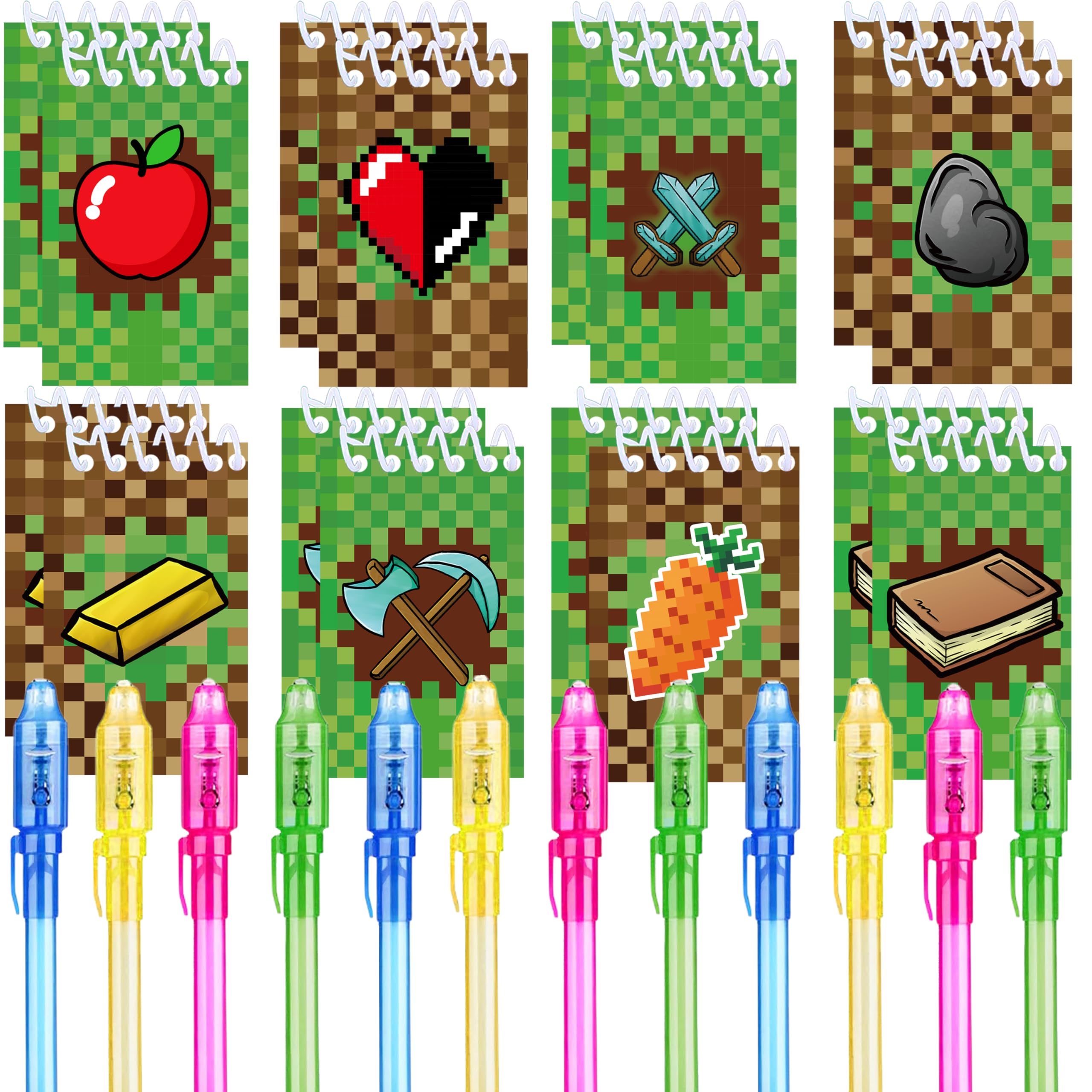 Jiaoohoo 24 Pcs Pixel Theme party favors |12 invisible ink pen and 12 mini Notepads| Pixel Theme party Goodie Bag Stuffers, Classroom Prizes, party supplies