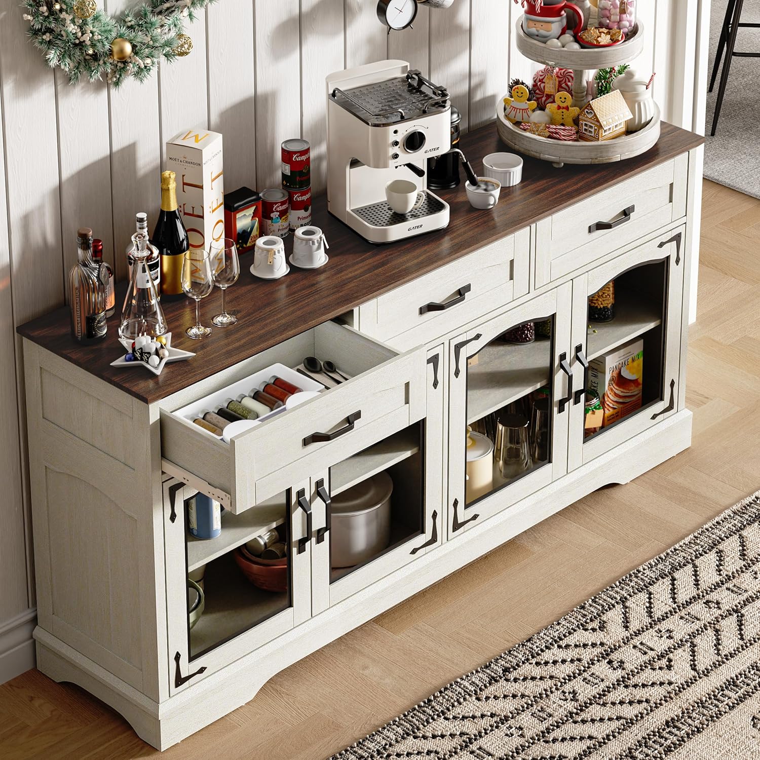 66" Large Sideboard Buffet Cabinet with Storage, Mid Century Modern Buffet Coffee Bar Wine Bar Kitchen Storage Cabinet with Drawers and 4 Glass Doors for Living Room, White & Walnut