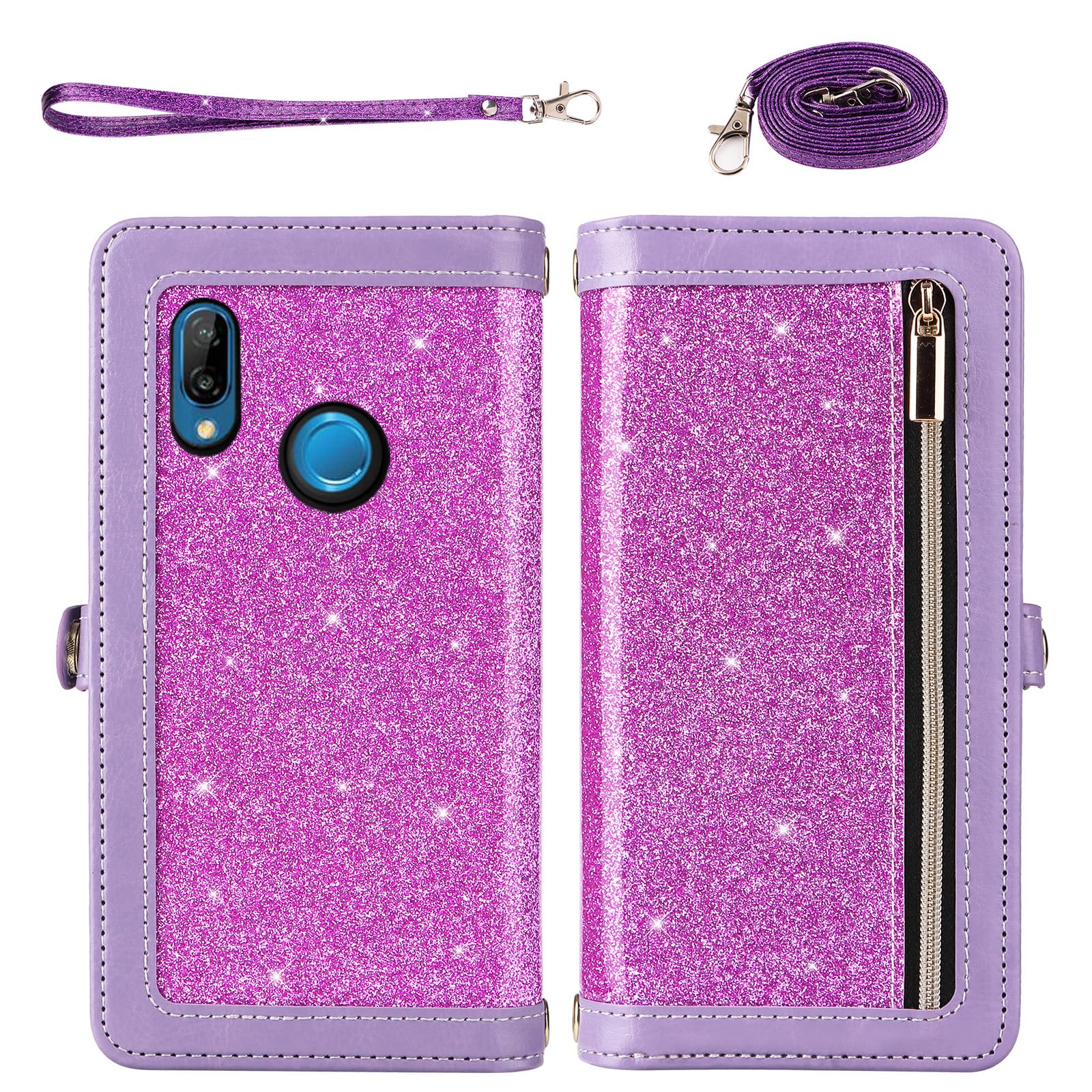 Asuwish Étui de téléphone pour Huawei P20 Lite - Fermeture éclair - Portefeuille amovible - Avec protection d'écran en verre trempé - Bandoulière à paillettes - Porte-cartes Hawaii P20lite P 20 Nova