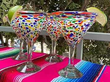 Mexican Hand Blown Glass Set of 4 Hand Blown Modern Margarita Glasses - Confetti Rock (12 oz)