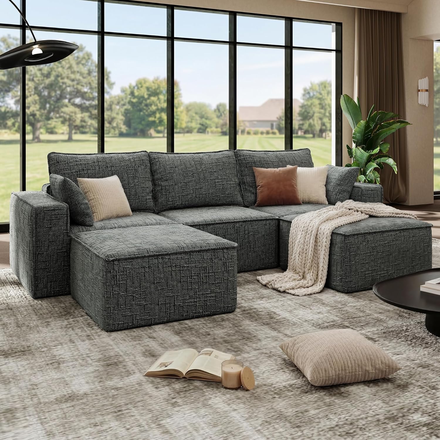 113.7" Oversized Modular Sectional Sofa Cloud Couch Sectional with Ottomans Deep Seat Boneless Sectional Couch Floor Sofa Set U Shaped Couch for Living Room Apartment Bedroom No Assembly (Dark Gray)