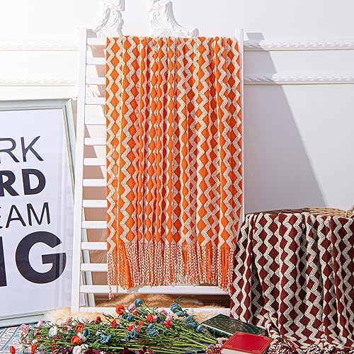 Miniatura 7 de NTBAY Manta de punto de acrílico, cobija ligera y suave, acogedora decorativa con borlas para viajes, sofá, cama, 51 x 67 pulgadas, ondas naranja y