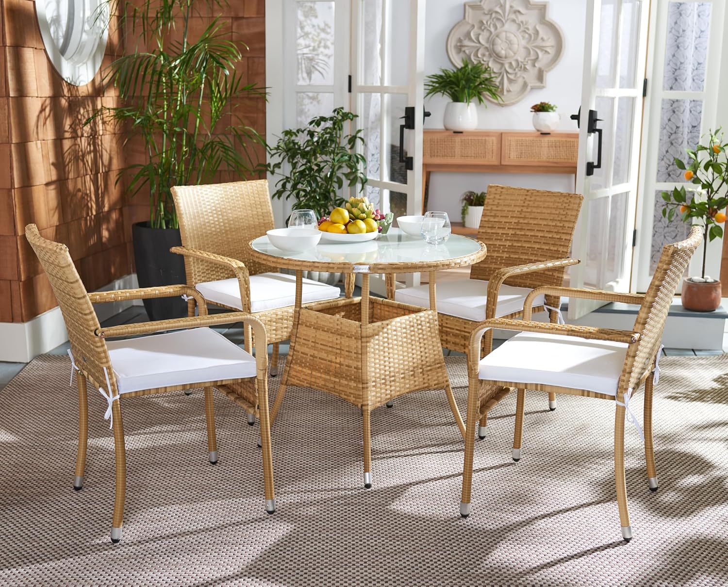 SAFAVIEH Outdoor Collection Laina Natural/White Cushion Wicker 5-Piece Dining Set