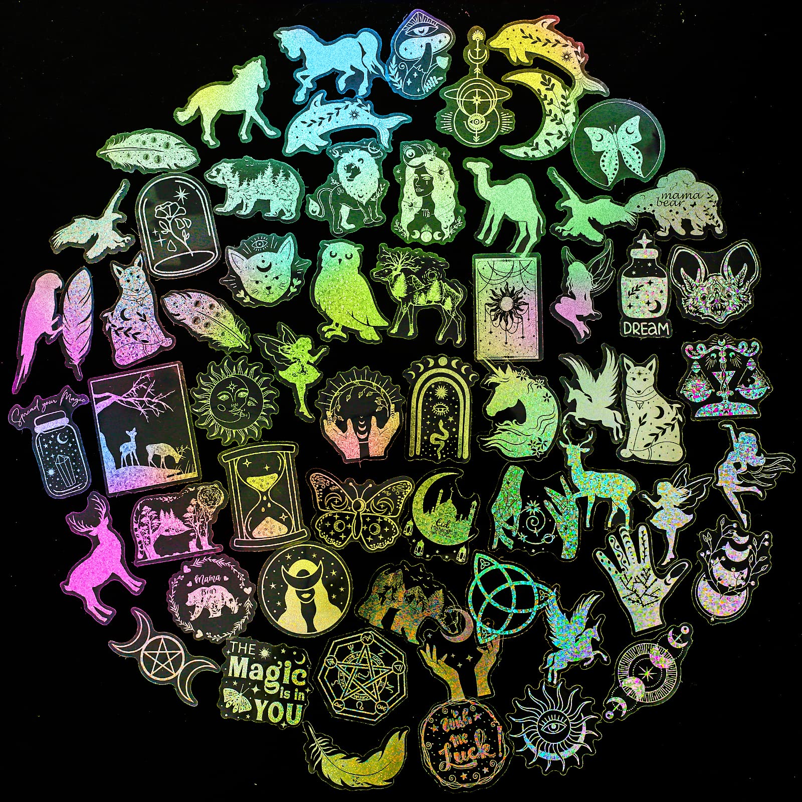 Whaline 300Pcs Magic Divination Holographic Stickers Colorful Dreamland Enchanted Forest Stickers Adhesive Sticker for Desk Office Home Girls Kids Caddy Box Makeup Brush Holders Women Gift