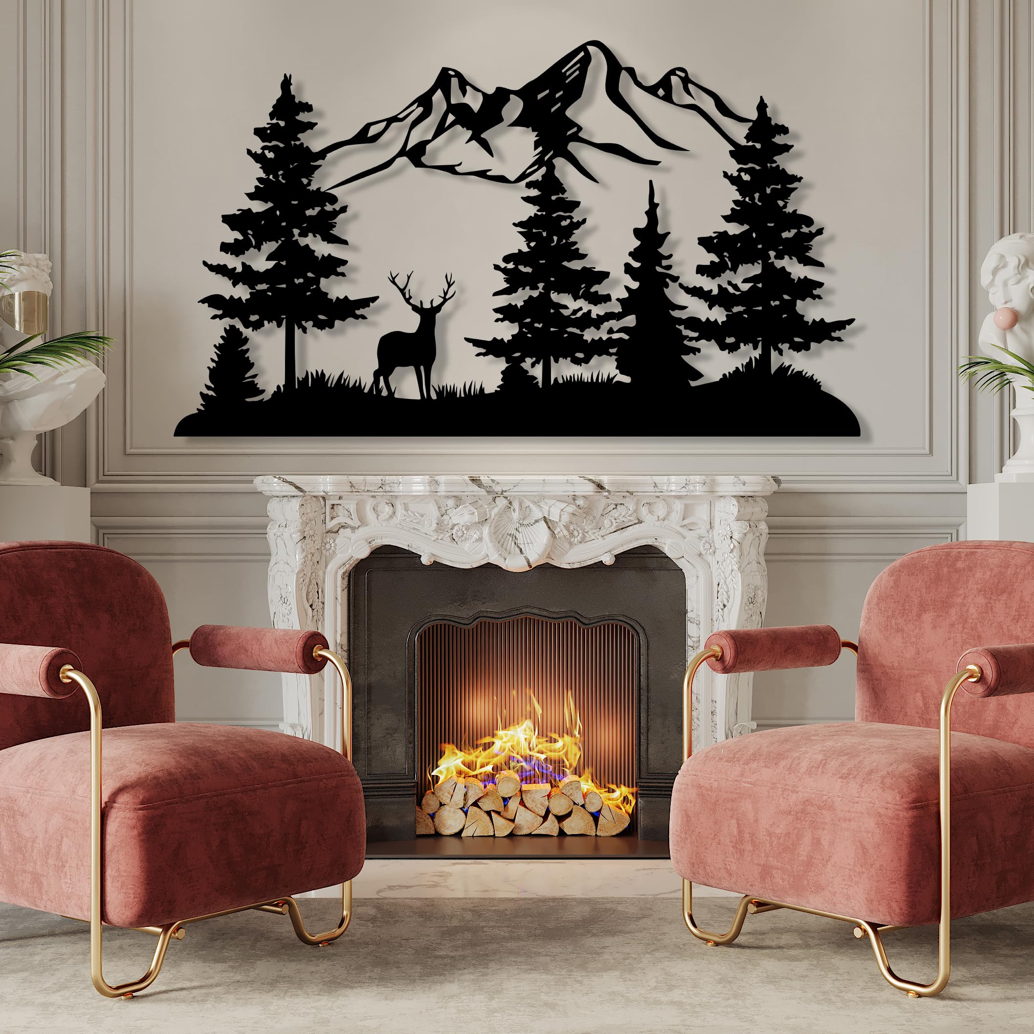 DecoSoul Mountain and Forest with Deer Metal Wall Decor, Hill and Trees Large Metal Wall Art, Nature and Forest Decor, Outdoor Lovers Gift, Home