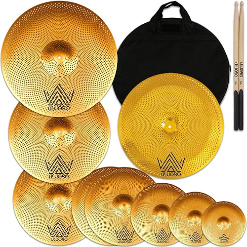 ULUOBO Low Volume Cymbal Pack, 9 Pieces Silent Cymbals, Quiet Cymbals Set for Drummer Practice, 6/8/10''Spalsh+14''Hihat+16"Crash+18''Crash+18''China+20"Ride, Gold