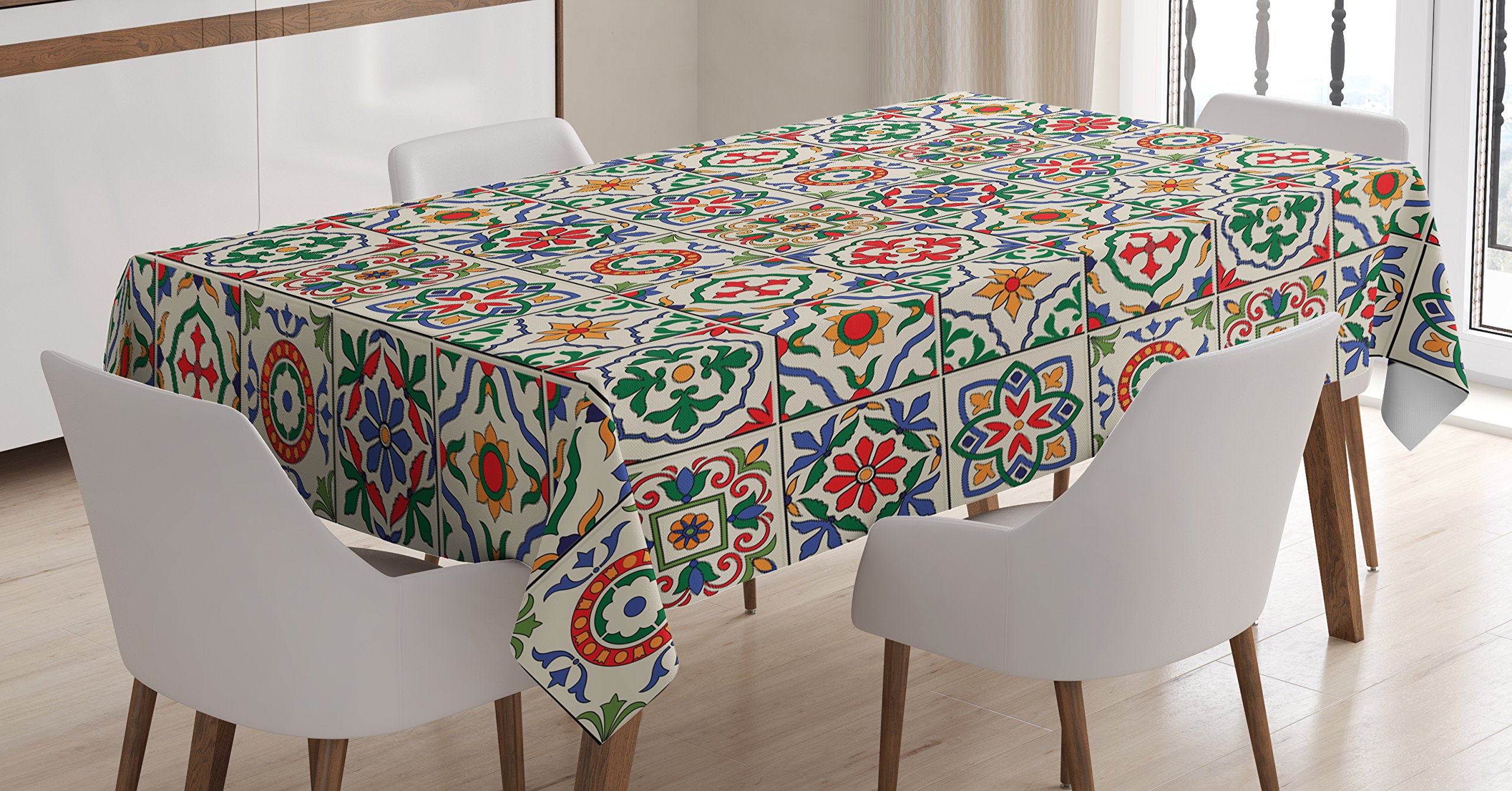 Ambesonne Moroccan Tablecloth, Colorful Azulejo Pattern Portuguese Ornamental Abstract Floral Arrangements Leaves, Rectangular Table Cover for Dining Room Kitchen Decor, 60" X 90", Beige Blue