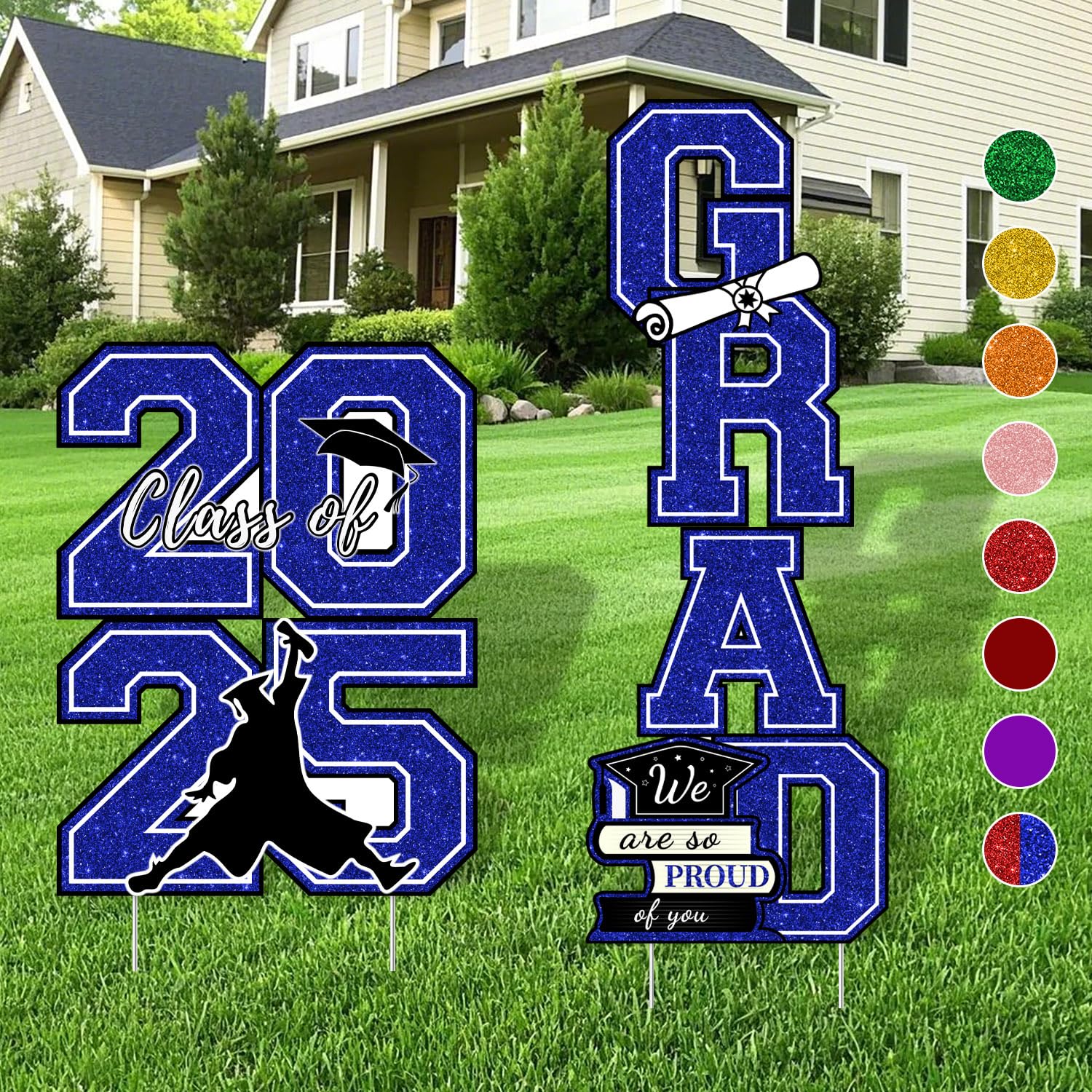 Graduation Yard Sign Class of 2025 Decorations - 4pcs Large Size Blue Glittering Congrats Grad Class of 2025 Outdoor Lawn Decor with Stakes - High School College Graduation Party Decorations Supplies