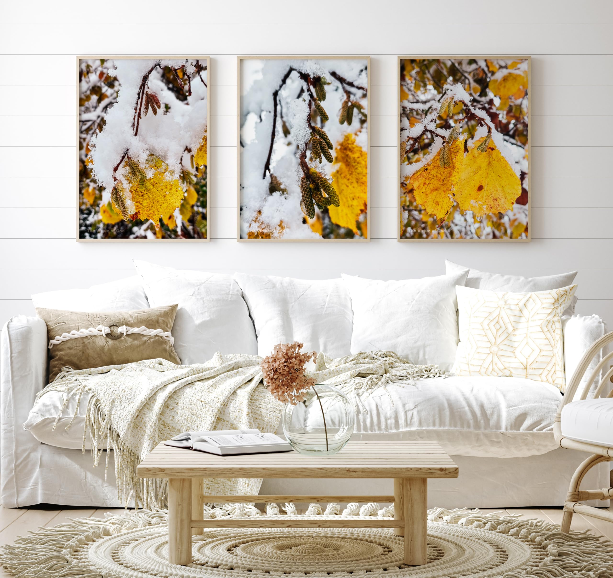 The Virtue of God–Authentic Nature Macro Photography Print–Winter Frozen Snowy Leaves–Set of 3 Vertical Unframed Canvas Modern Wall Art-Home or Office Wall Decor-Winter Season Gift (12 x 18)