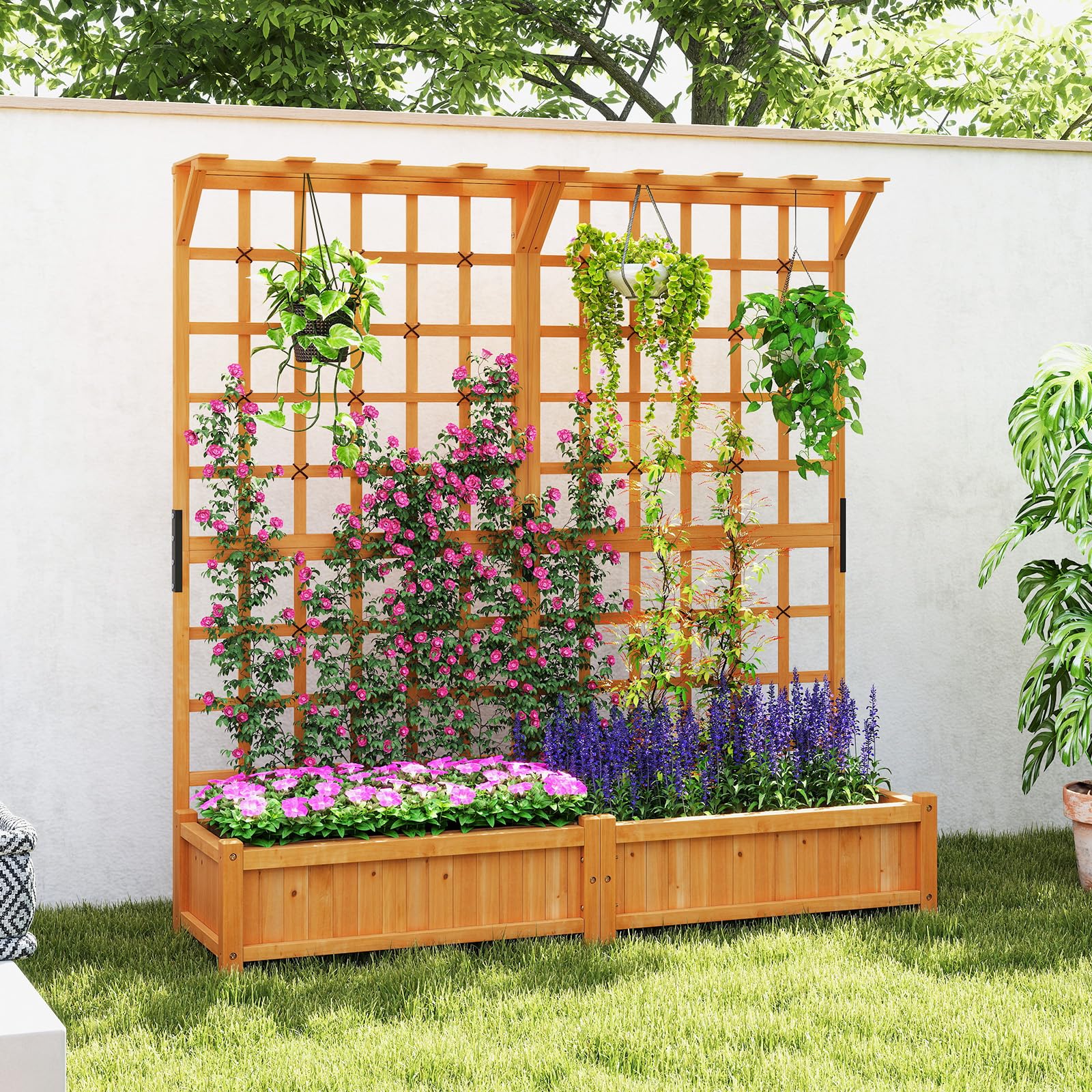 RELAX4LIFE Jardinière Surélevée avec Treillis 183CM, Jardinière sur Pied en Bois avec 4 Trous de Drainage, Conteneur de Plantes Vertical Pourvignes Grimpantes, Naturel