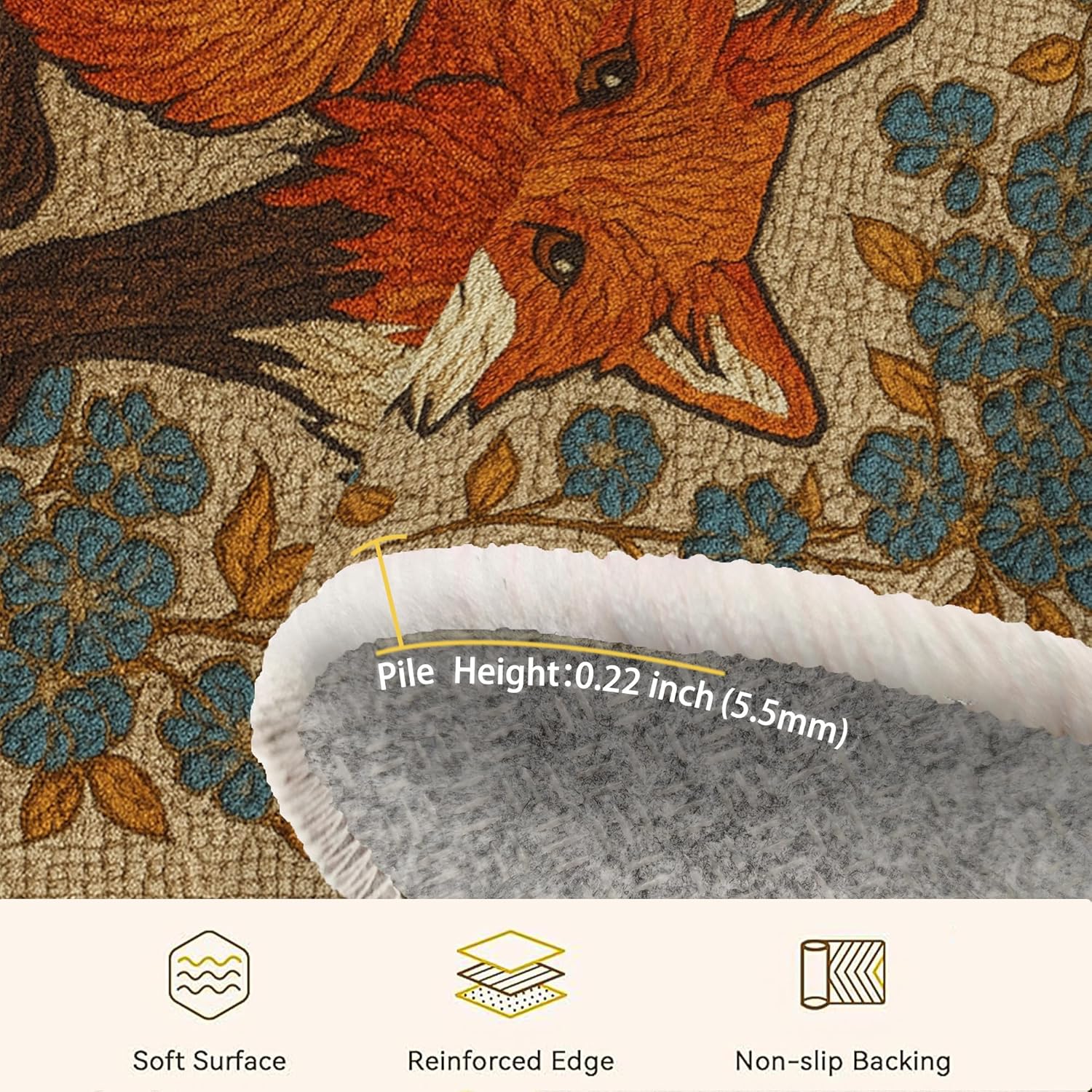 Fox Runner Rug, Nature Fanciful Flowers Leaves Fall Orange Low Pile Aesthetic Rectangle Home Floor Carpet for Kitchen Bedside Entryway Hallway Decor 2x6 Ft